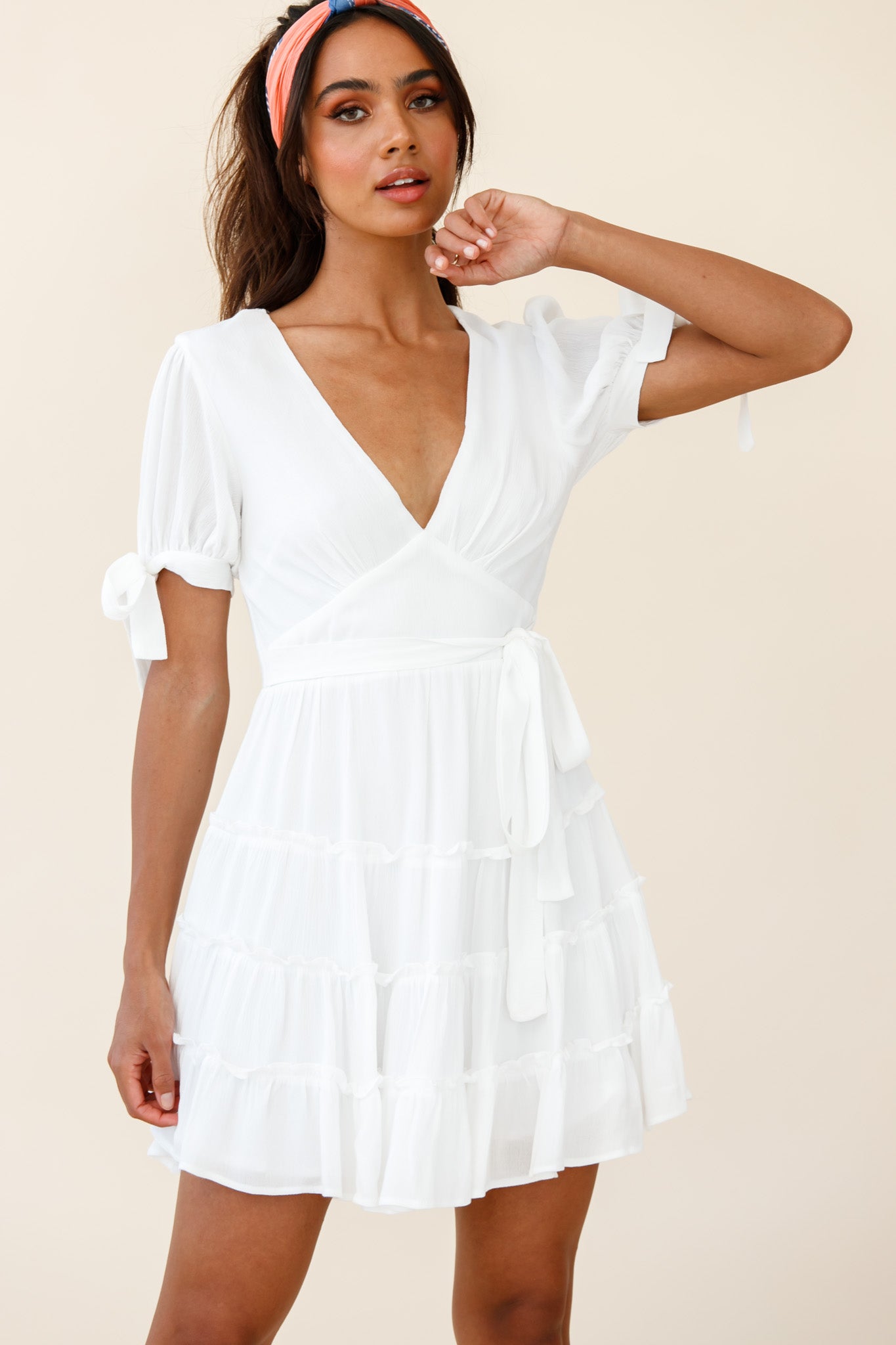 Jocelyn Long Sleeve Tied Cuff Frill Dress White
