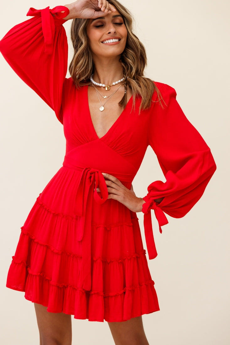 Jocelyn Long Sleeve Tied Cuff Frill Dress Red by Selfie Leslie