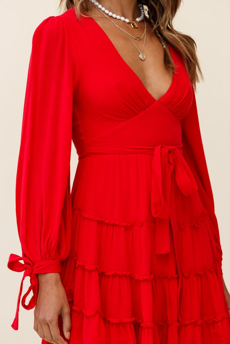 Jocelyn Long Sleeve Tied Cuff Frill Dress Red by Selfie Leslie
