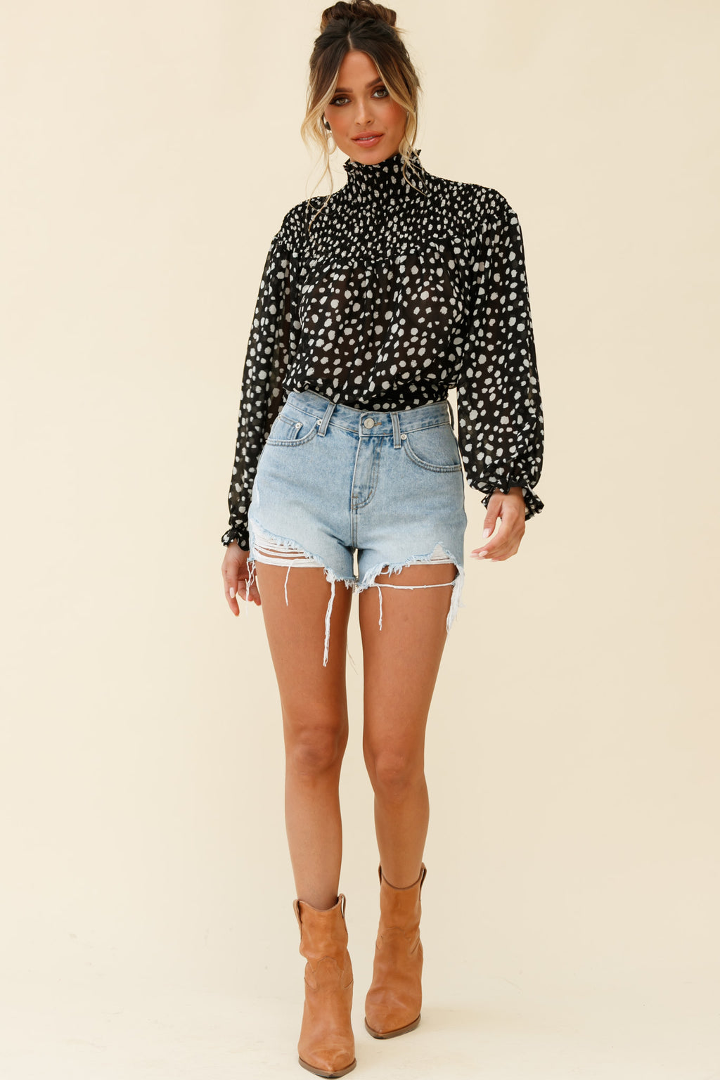 Sparrow High Neck Shirred Blouse Spot Print Black by Selfie Leslie