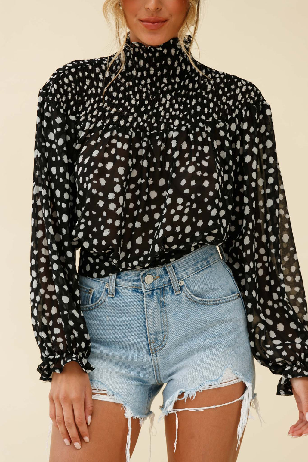 Sparrow High Neck Shirred Blouse Spot Print Black by Selfie Leslie
