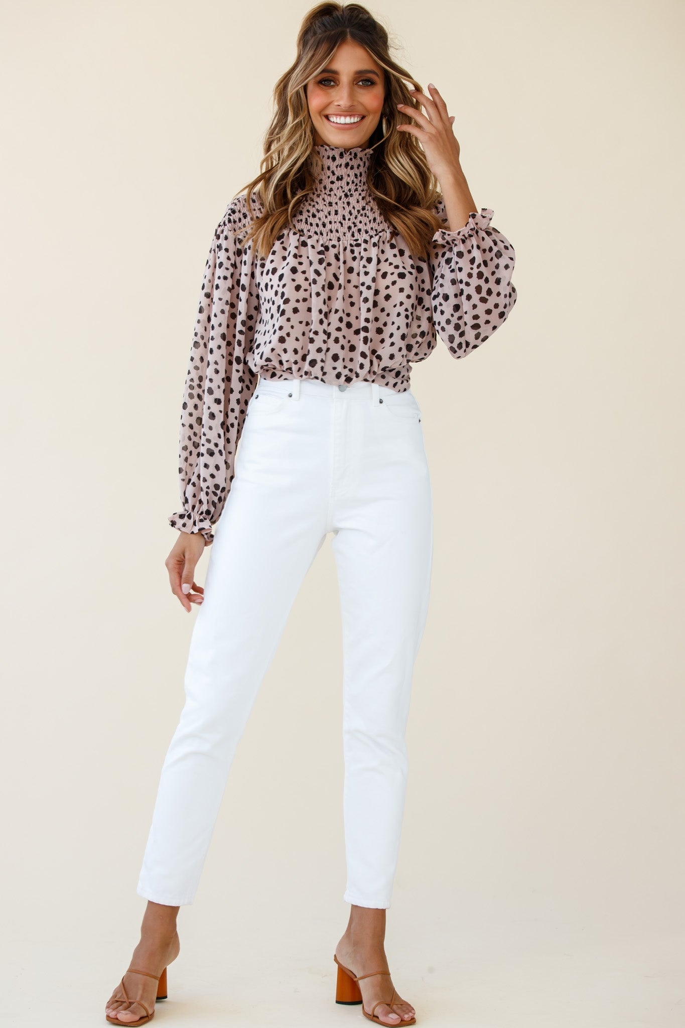 Sparrow High Neck Shirred Blouse Spot Print Dusty Pink by Selfie Leslie
