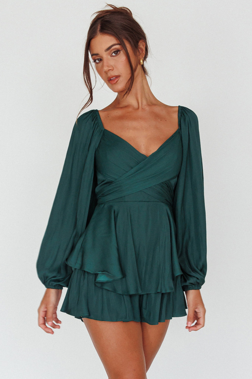 It's Complicated Long Sleeve Flounce Romper Forest Green by Selfie Leslie