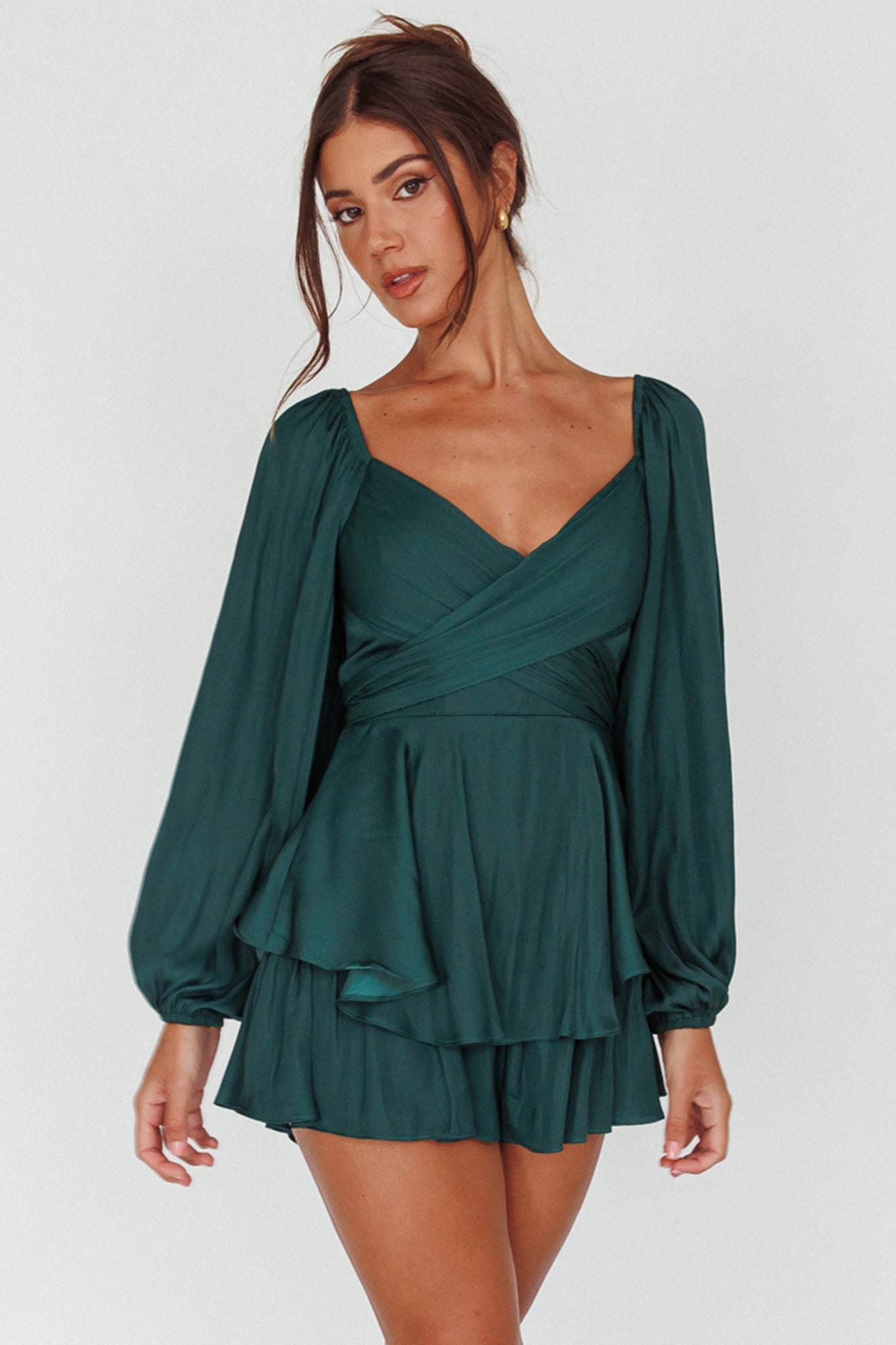 It's Complicated Long Sleeve Flounce Romper Forest Green by Selfie Leslie