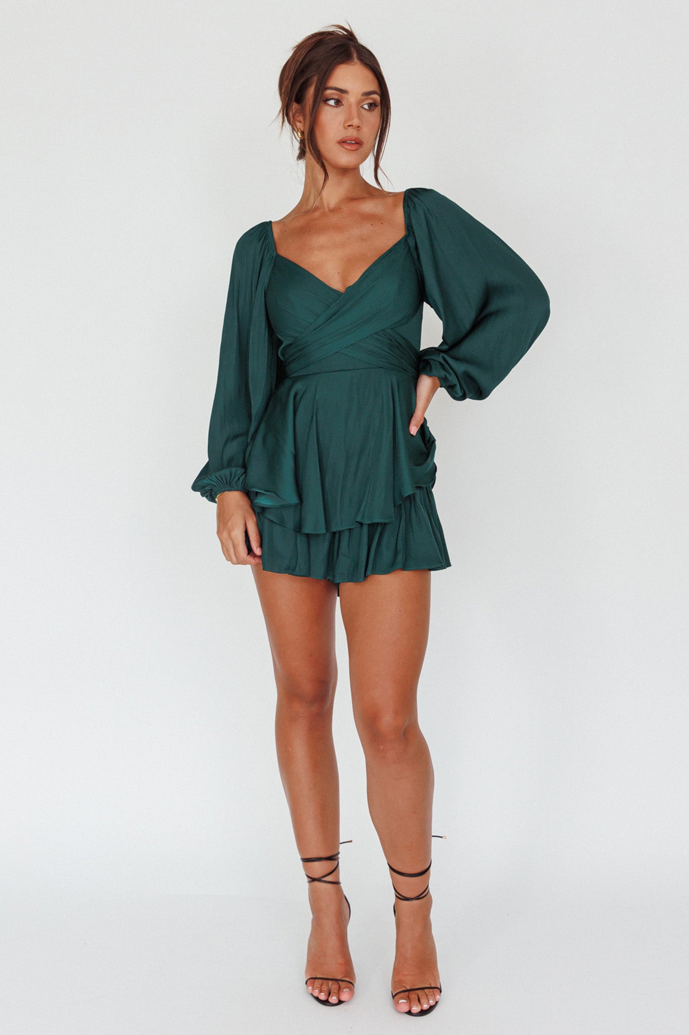 It's Complicated Long Sleeve Flounce Romper Forest Green by Selfie Leslie