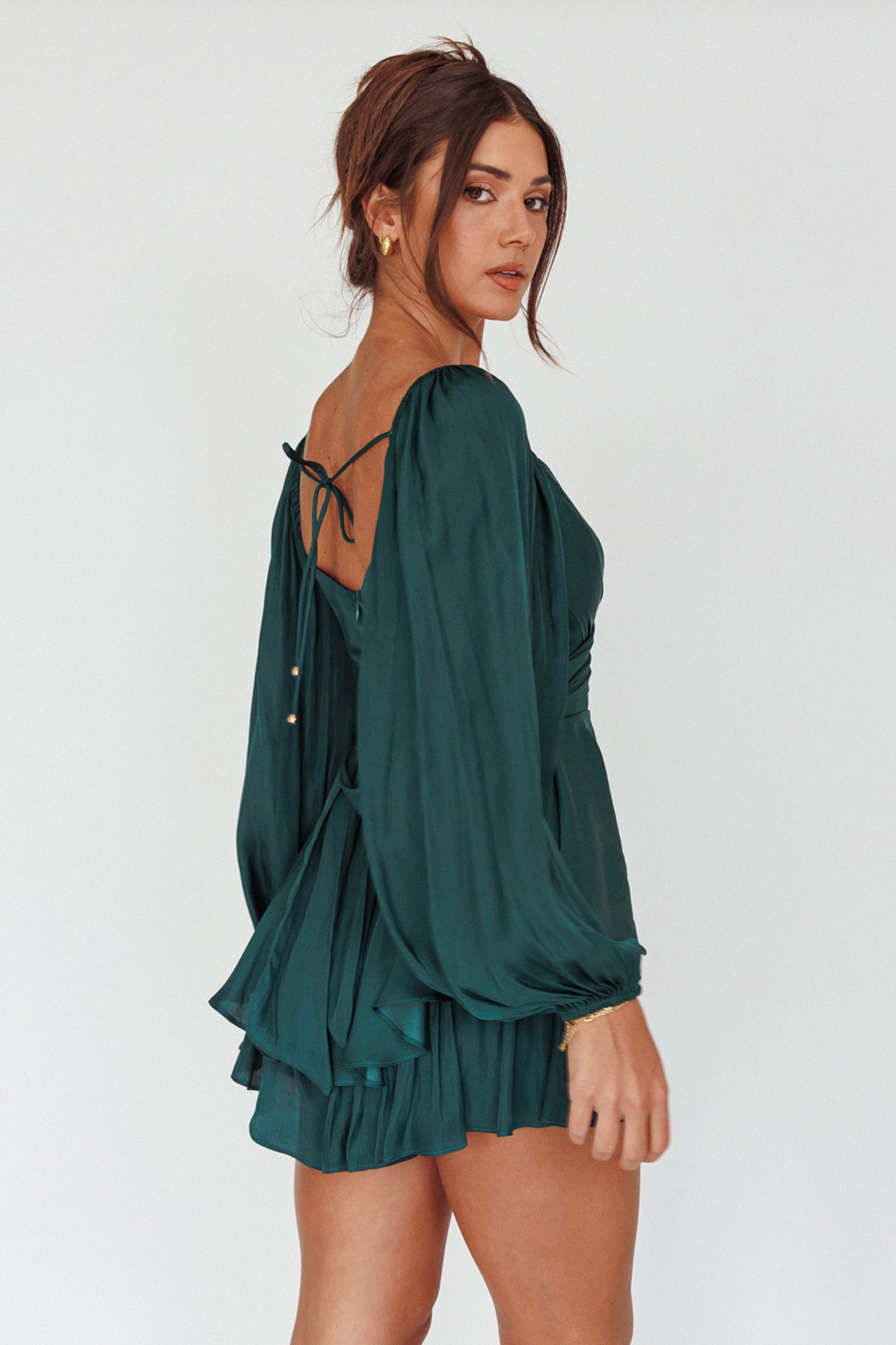 It's Complicated Long Sleeve Flounce Romper Forest Green by Selfie Leslie