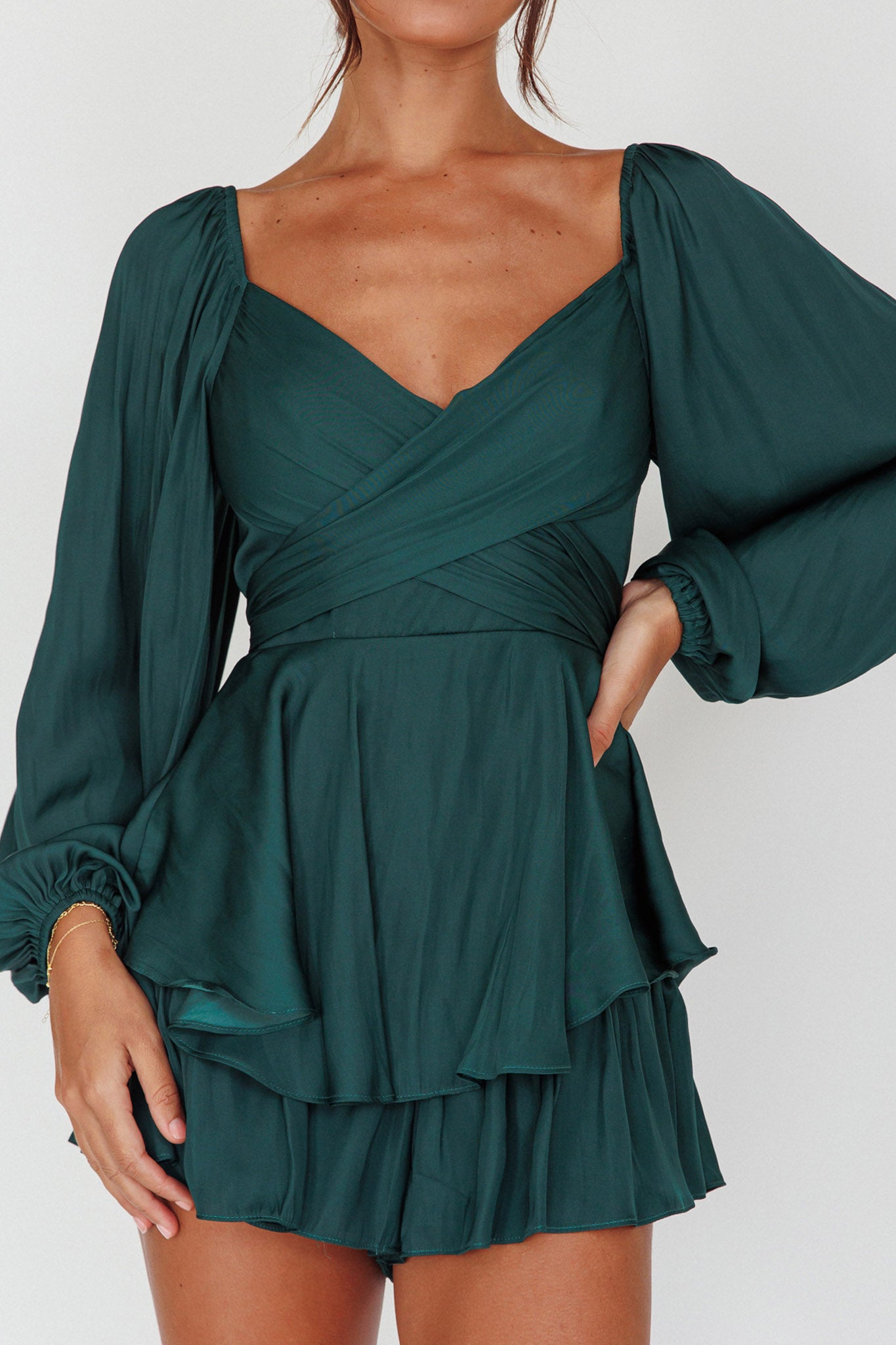 It's Complicated Long Sleeve Flounce Romper Forest Green by Selfie Leslie