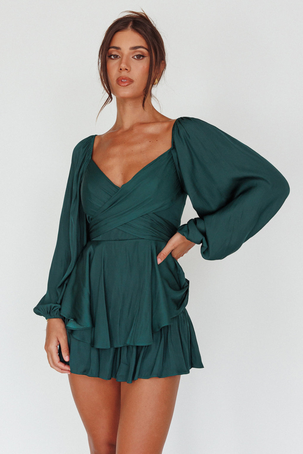 It's Complicated Long Sleeve Flounce Romper Forest Green by Selfie Leslie