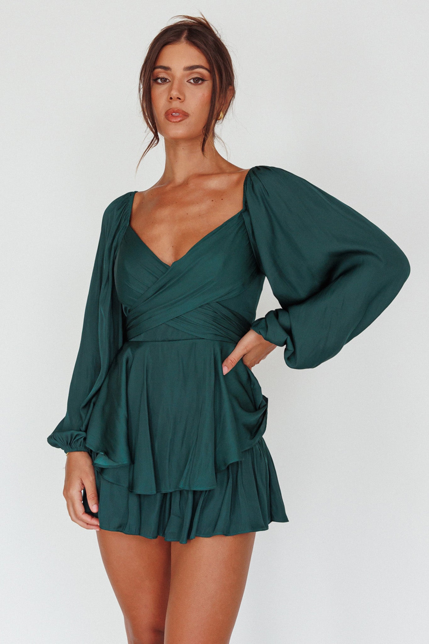 It's Complicated Long Sleeve Flounce Romper Forest Green by Selfie Leslie