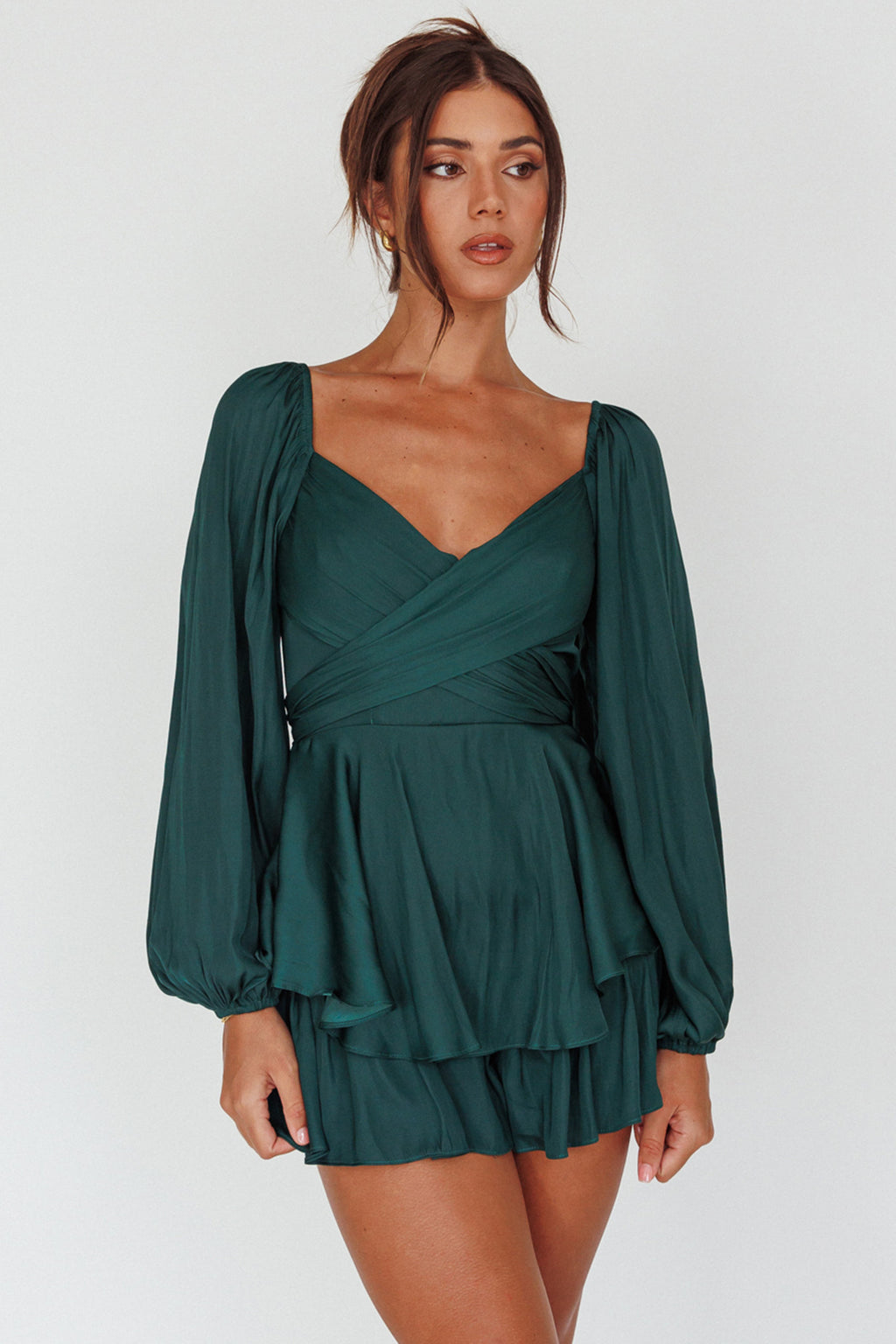 It's Complicated Long Sleeve Flounce Romper Forest Green by Selfie Leslie