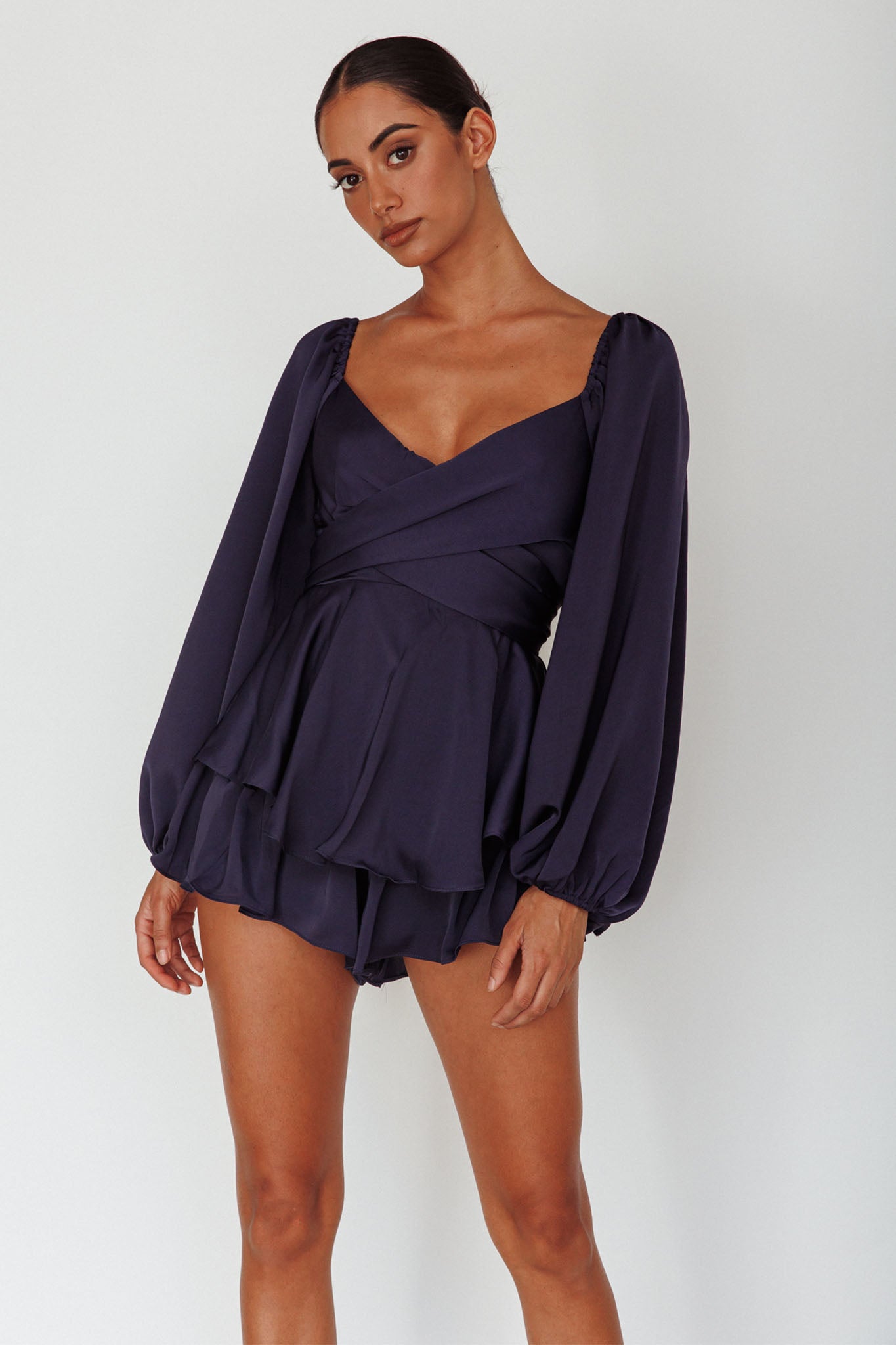 It's Complicated Long Sleeve Flounce Romper Navy by Selfie Leslie