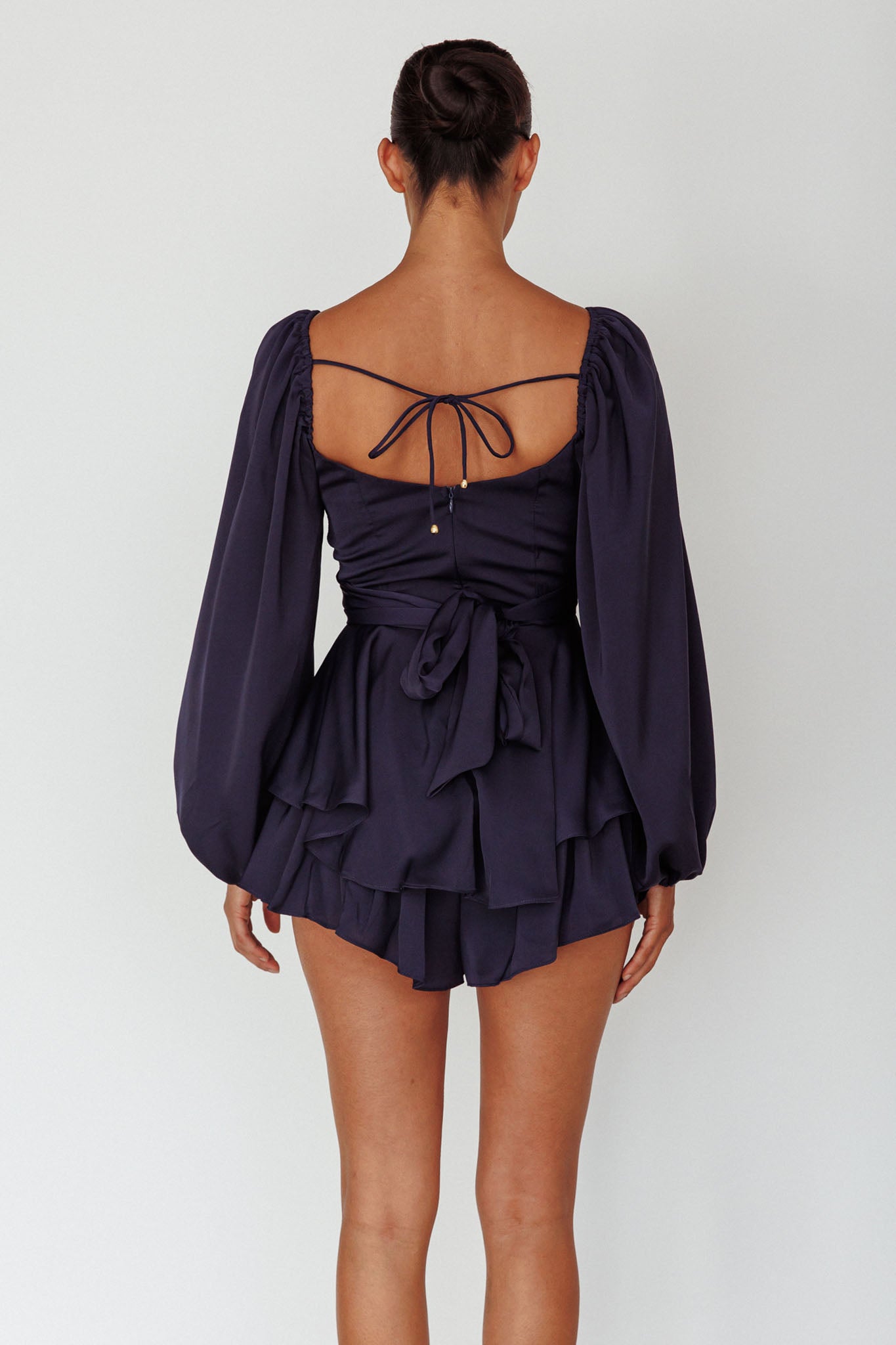 It's Complicated Long Sleeve Flounce Romper Navy by Selfie Leslie