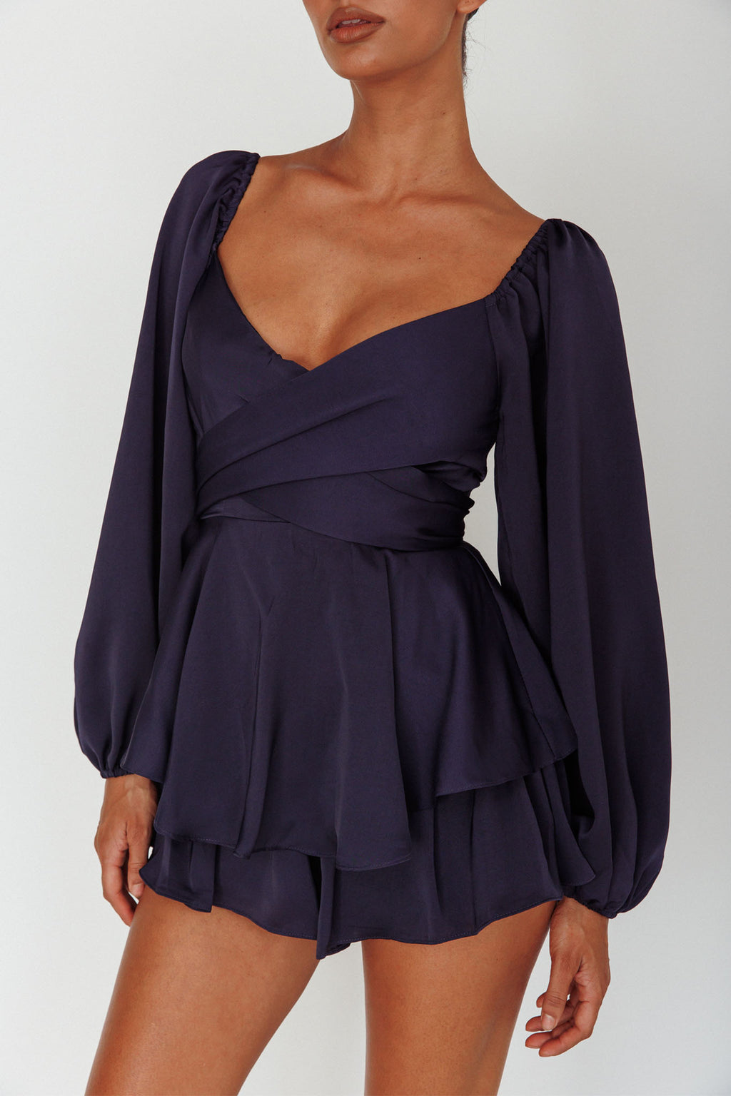 It's Complicated Long Sleeve Flounce Romper Navy by Selfie Leslie