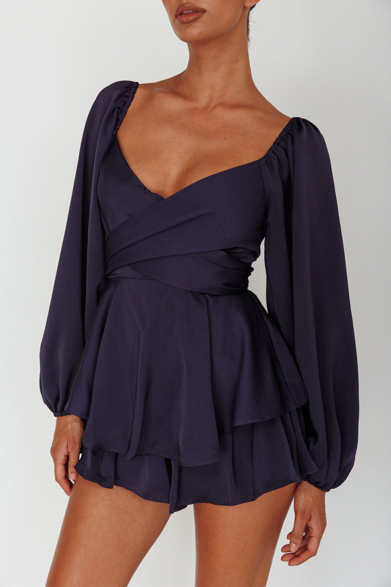 It's Complicated Long Sleeve Flounce Romper Navy by Selfie Leslie