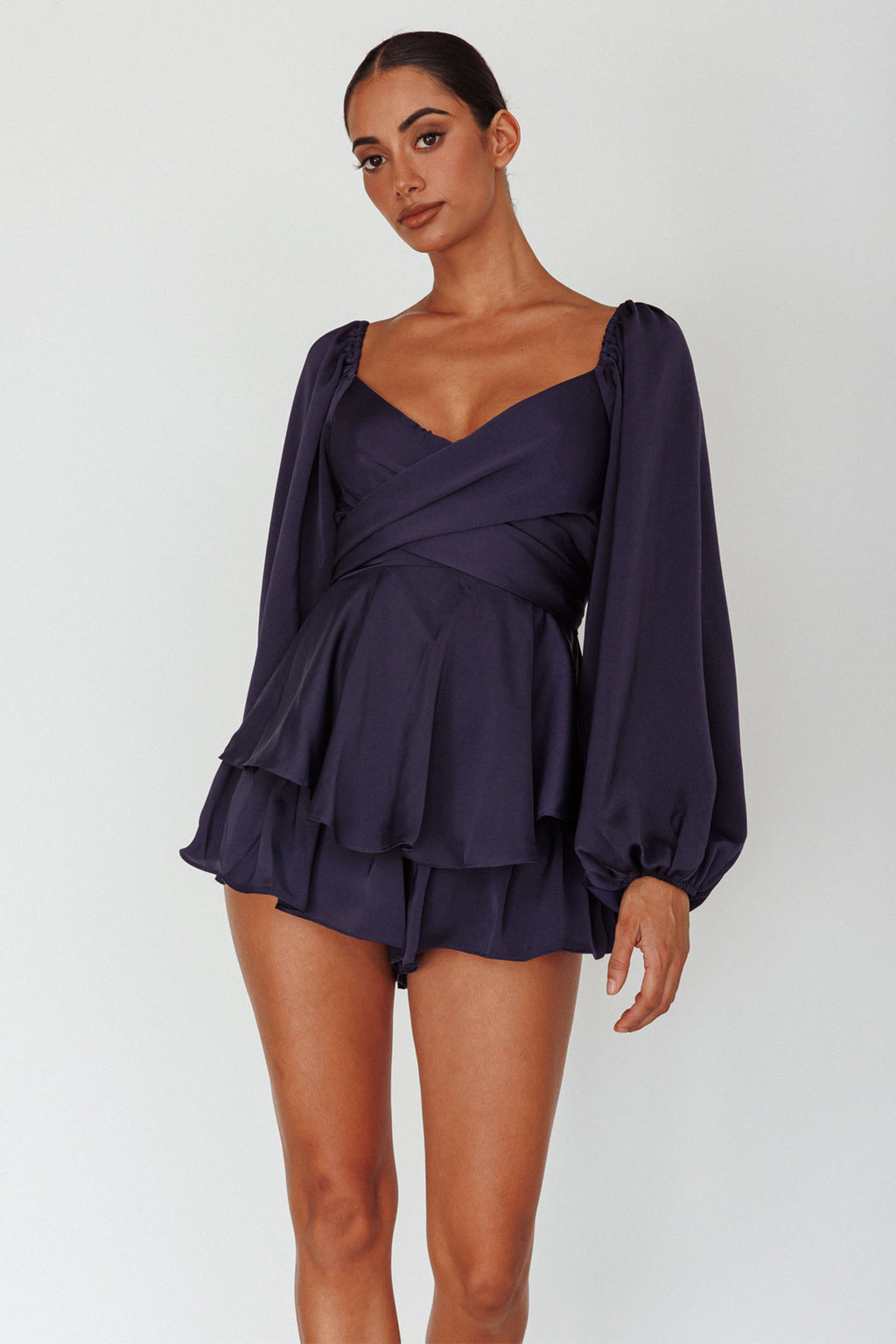 It's Complicated Long Sleeve Flounce Romper Navy by Selfie Leslie