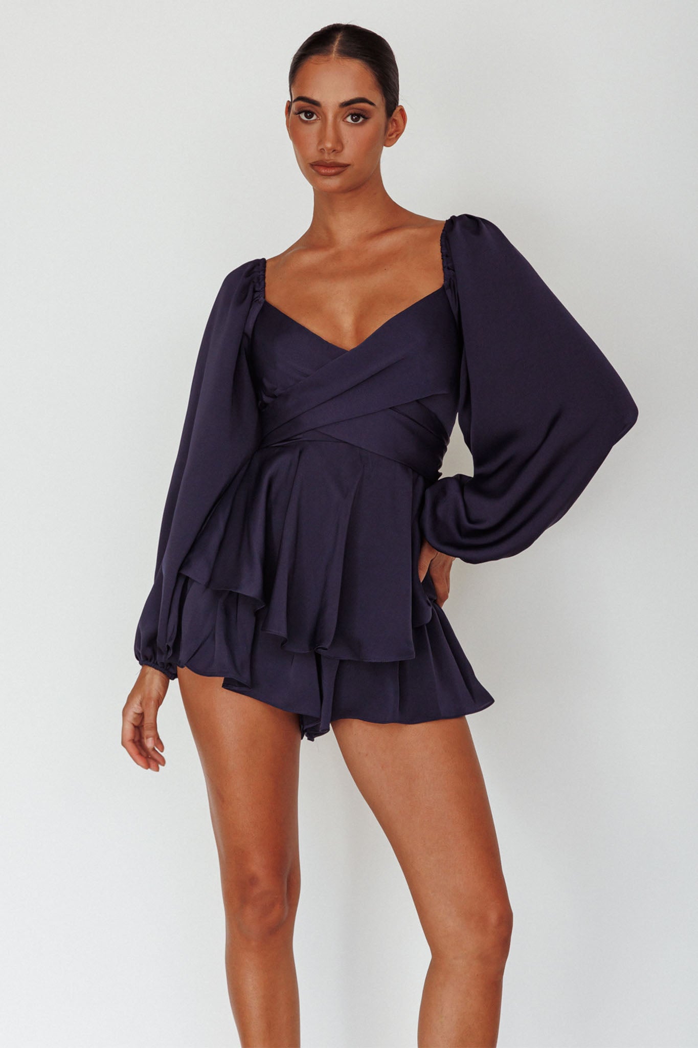 It's Complicated Long Sleeve Flounce Romper Navy by Selfie Leslie