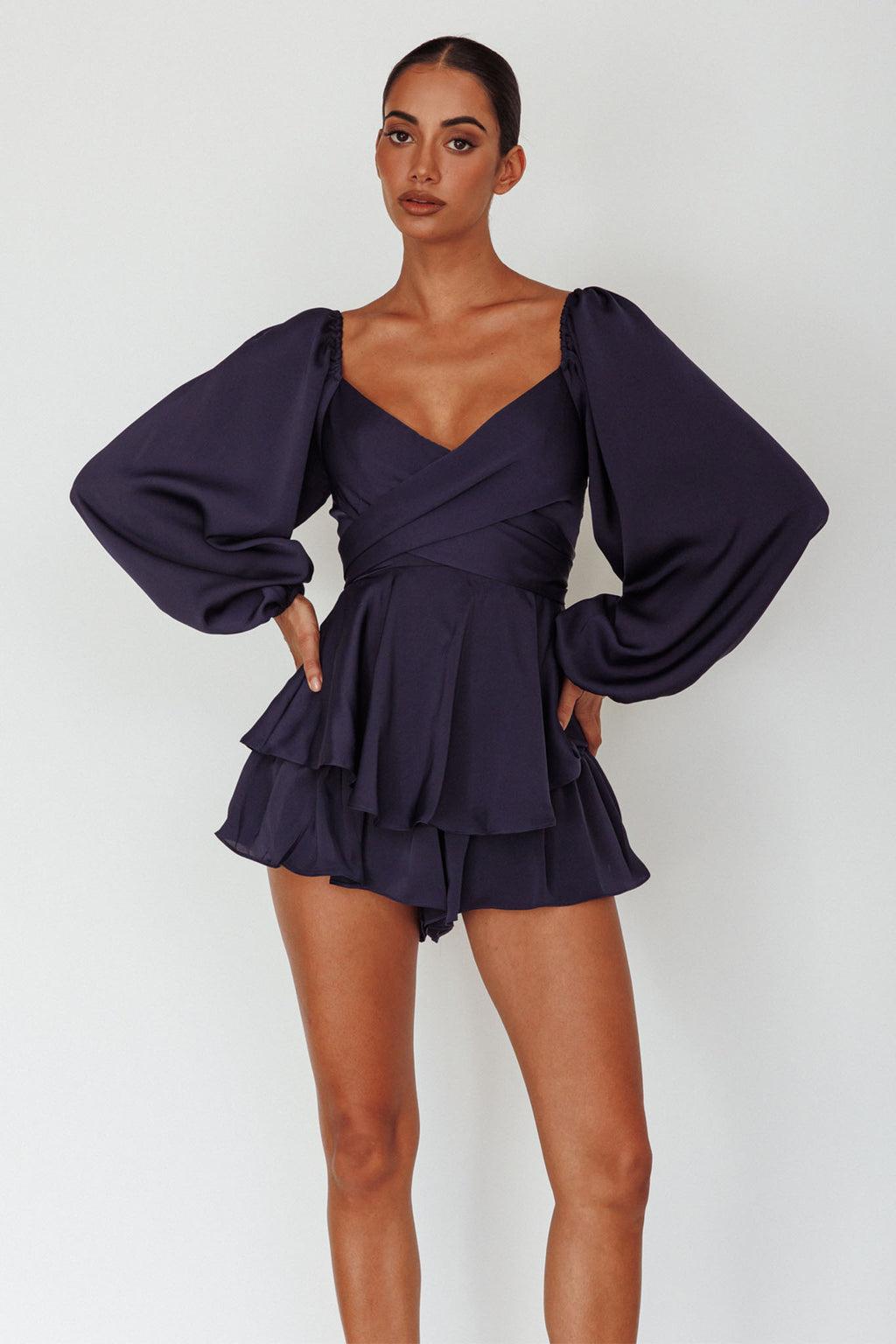 It's Complicated Long Sleeve Flounce Romper Navy by Selfie Leslie