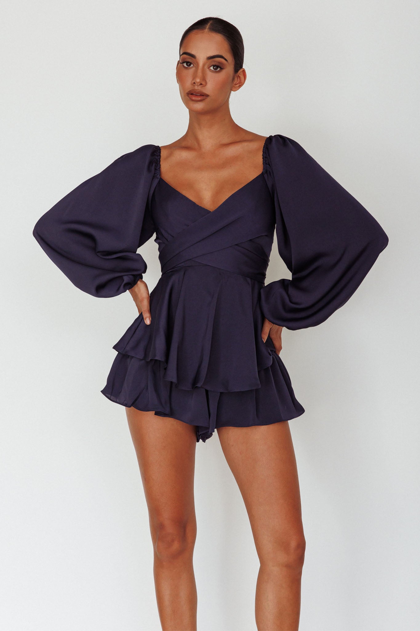 It's Complicated Long Sleeve Flounce Romper Navy by Selfie Leslie