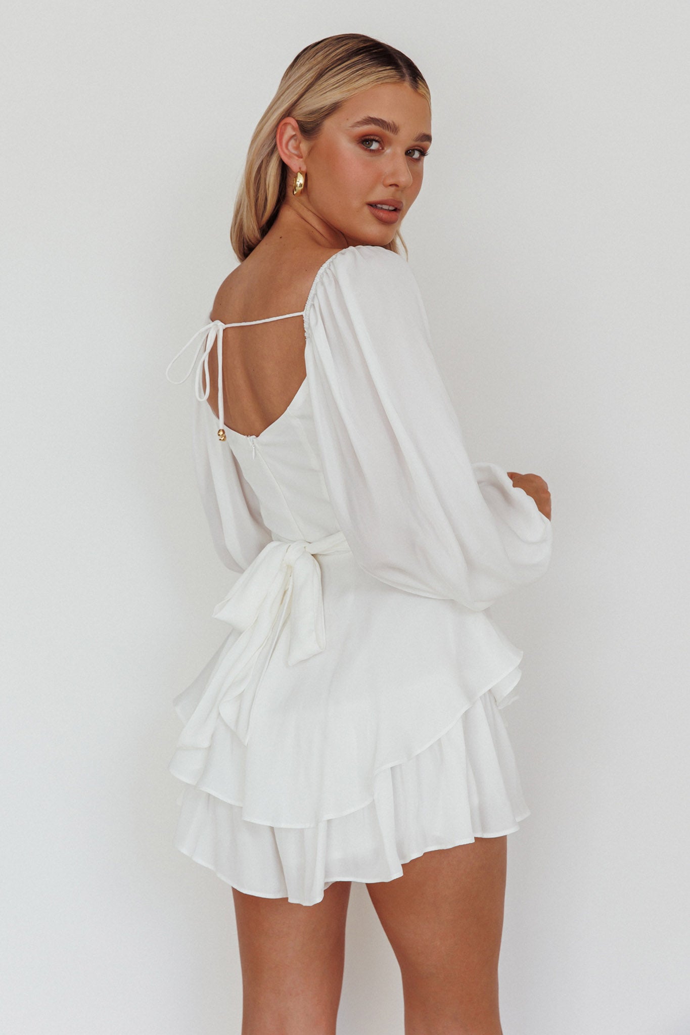 It's Complicated Long Sleeve Flounce Romper White by Selfie Leslie
