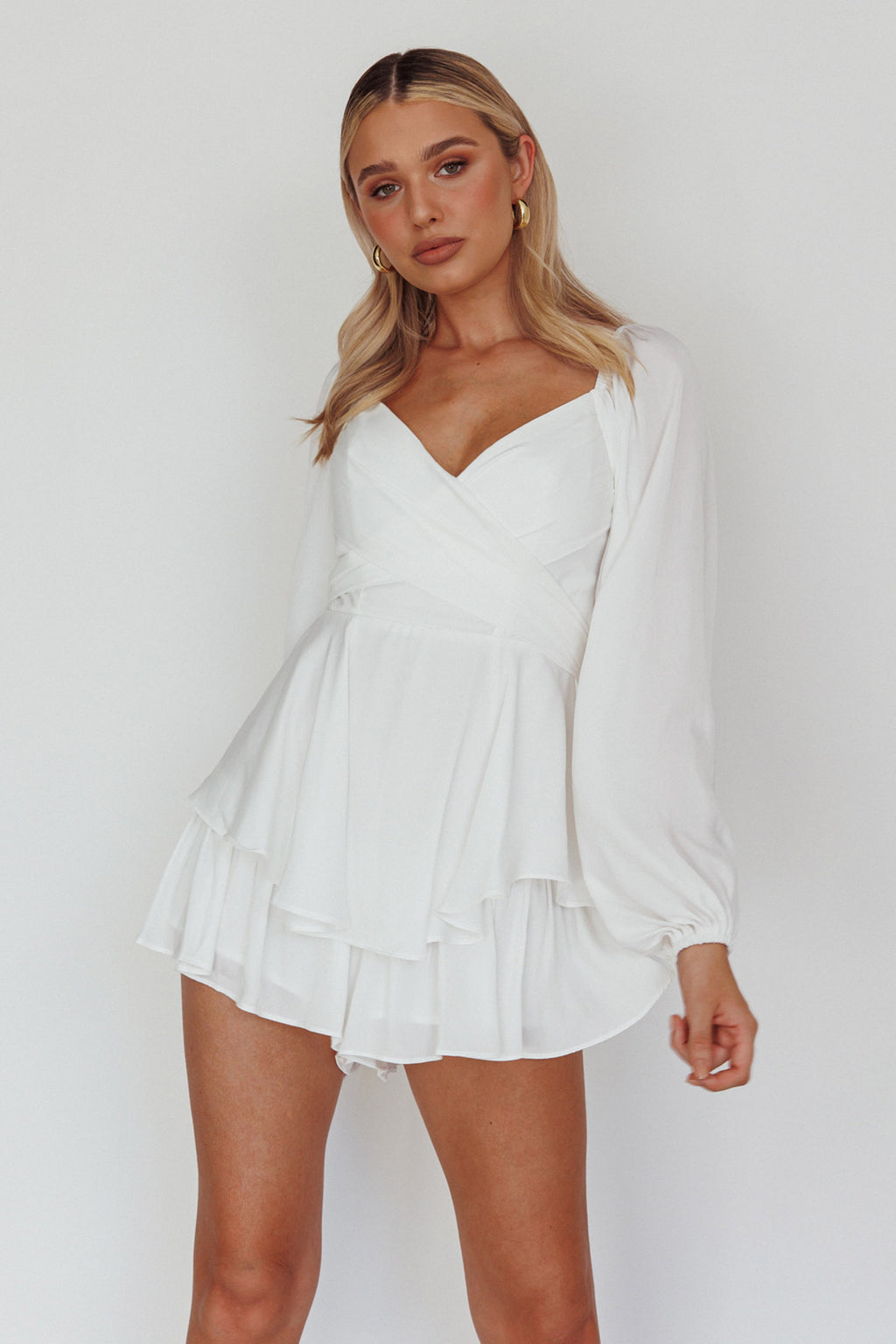 It's Complicated Long Sleeve Flounce Romper White by Selfie Leslie