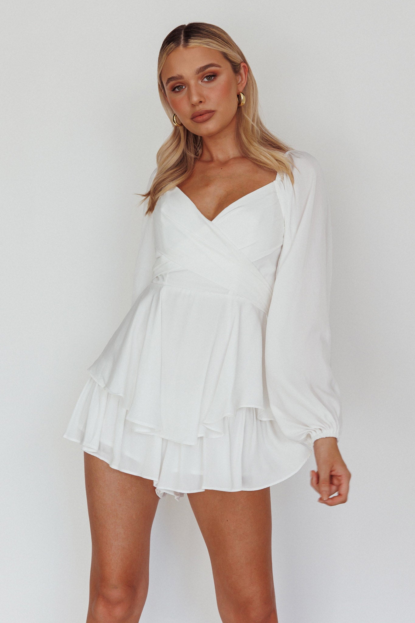 It's Complicated Long Sleeve Flounce Romper White by Selfie Leslie