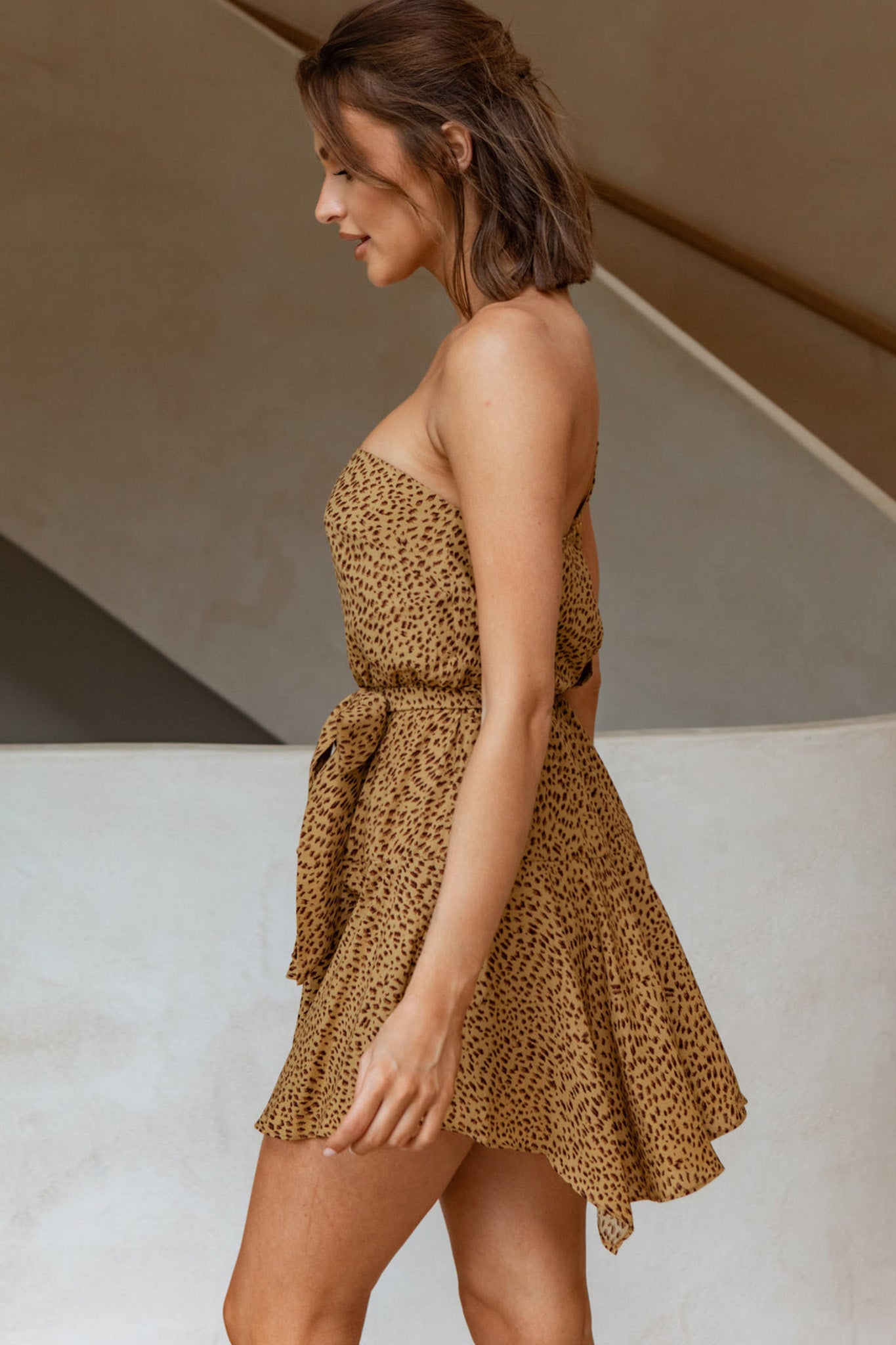 Supernatural Feeling One-Shoulder Waist Tie Dress Animal Print Mustard by Selfie Leslie