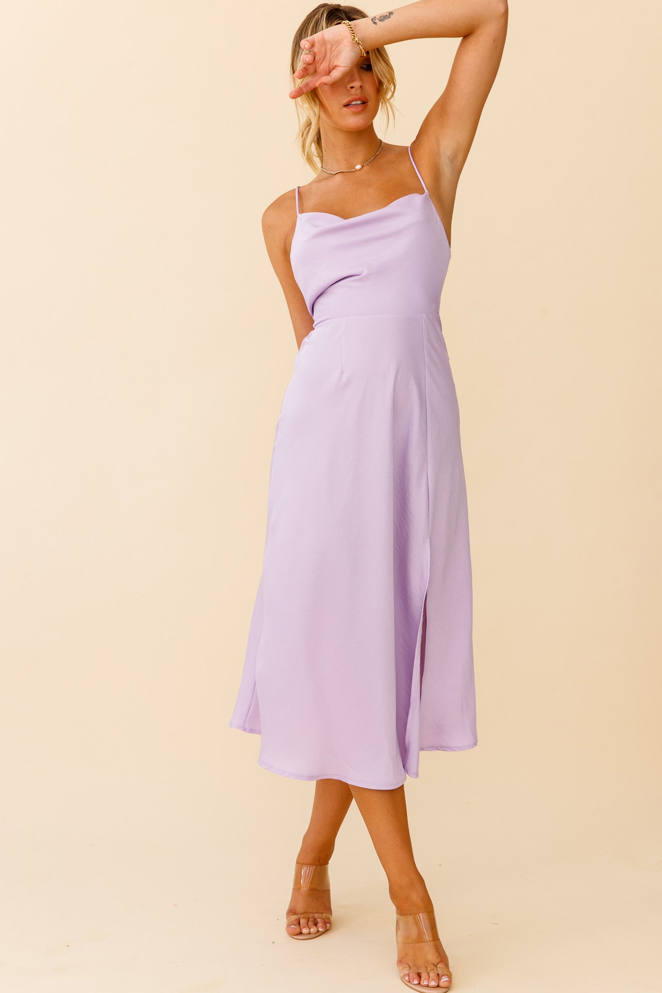 Suki Front Split Midi Dress Lilac by Selfie Leslie
