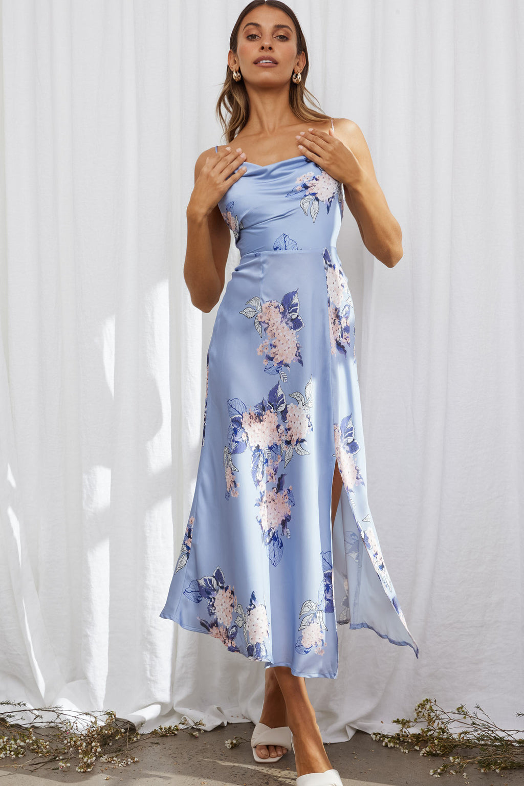 Suki Front Split Midi Dress Hydrangea Print Blue by Selfie Leslie