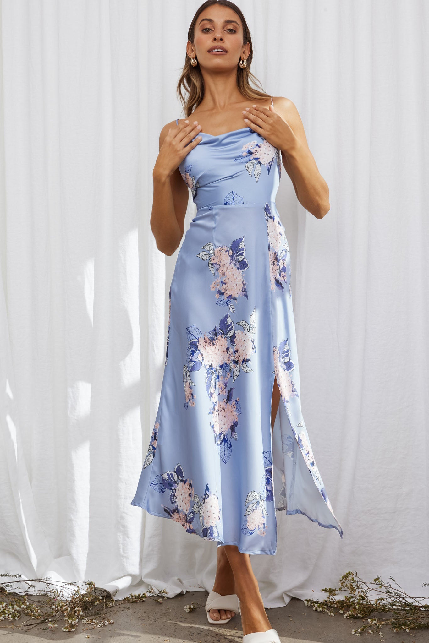 Suki Front Split Midi Dress Hydrangea Print Blue by Selfie Leslie