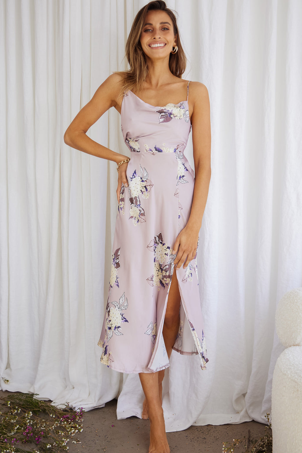 Suki Front Split Midi Dress Hydrangea Print Pink by Selfie Leslie