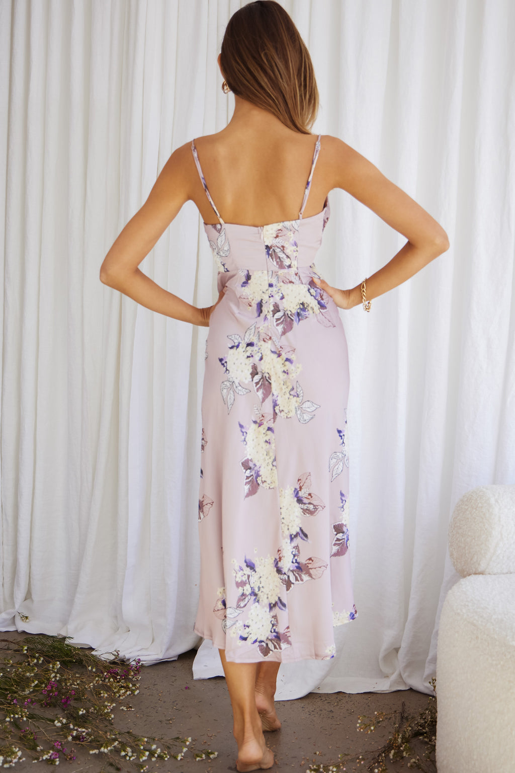 Suki Front Split Midi Dress Hydrangea Print Pink by Selfie Leslie