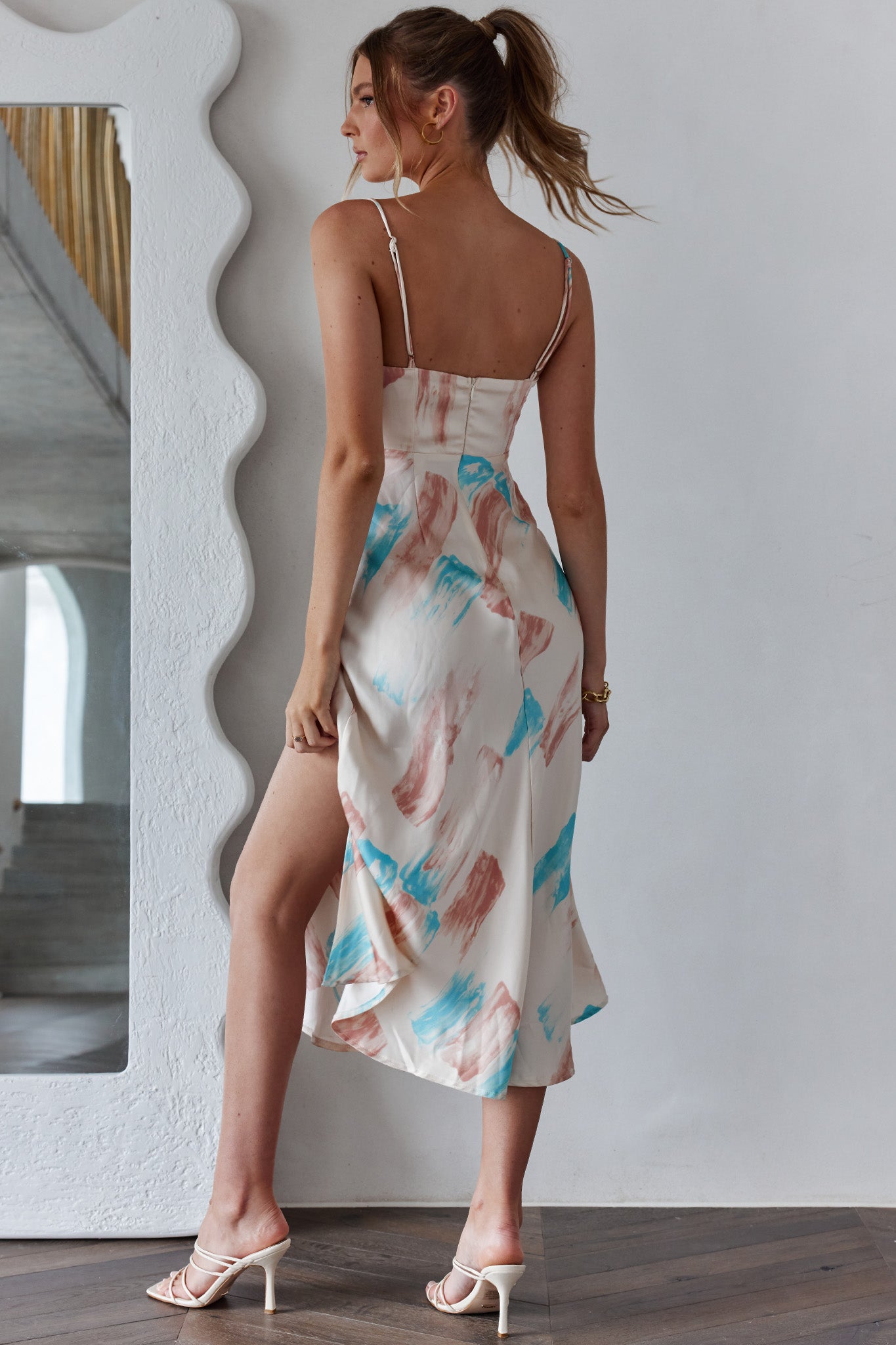 Suki Front Split Midi Dress Watercolor Paint Print Pink by Selfie Leslie