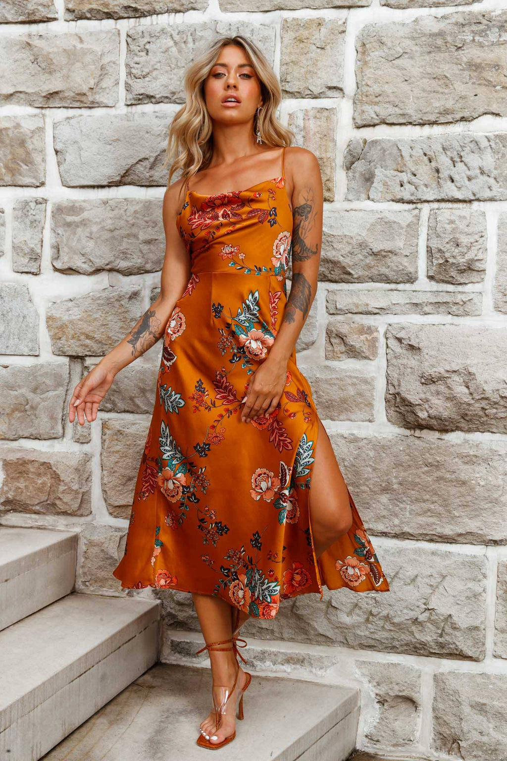 Suki Front Split Midi Dress Oriental Floral Print Mustard by Selfie Leslie