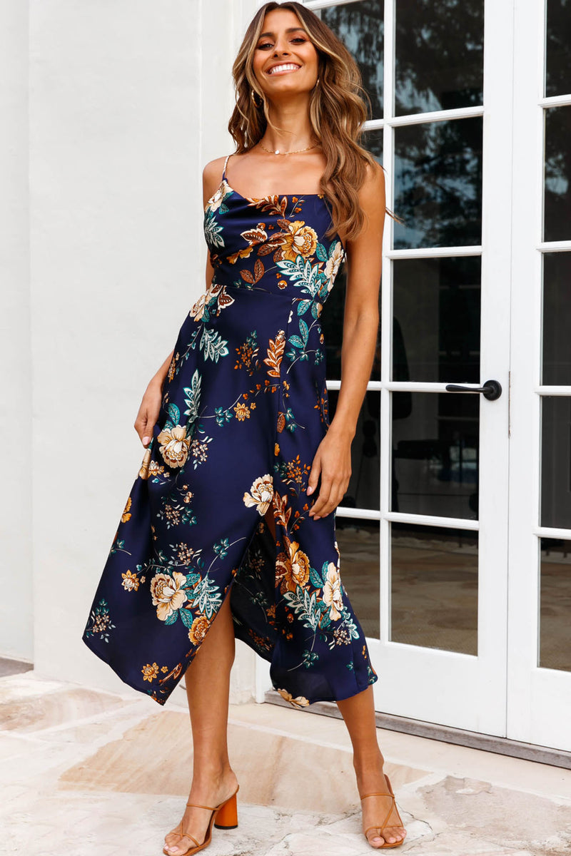 Suki Front Split Midi Dress Oriental Floral Print Forest Green