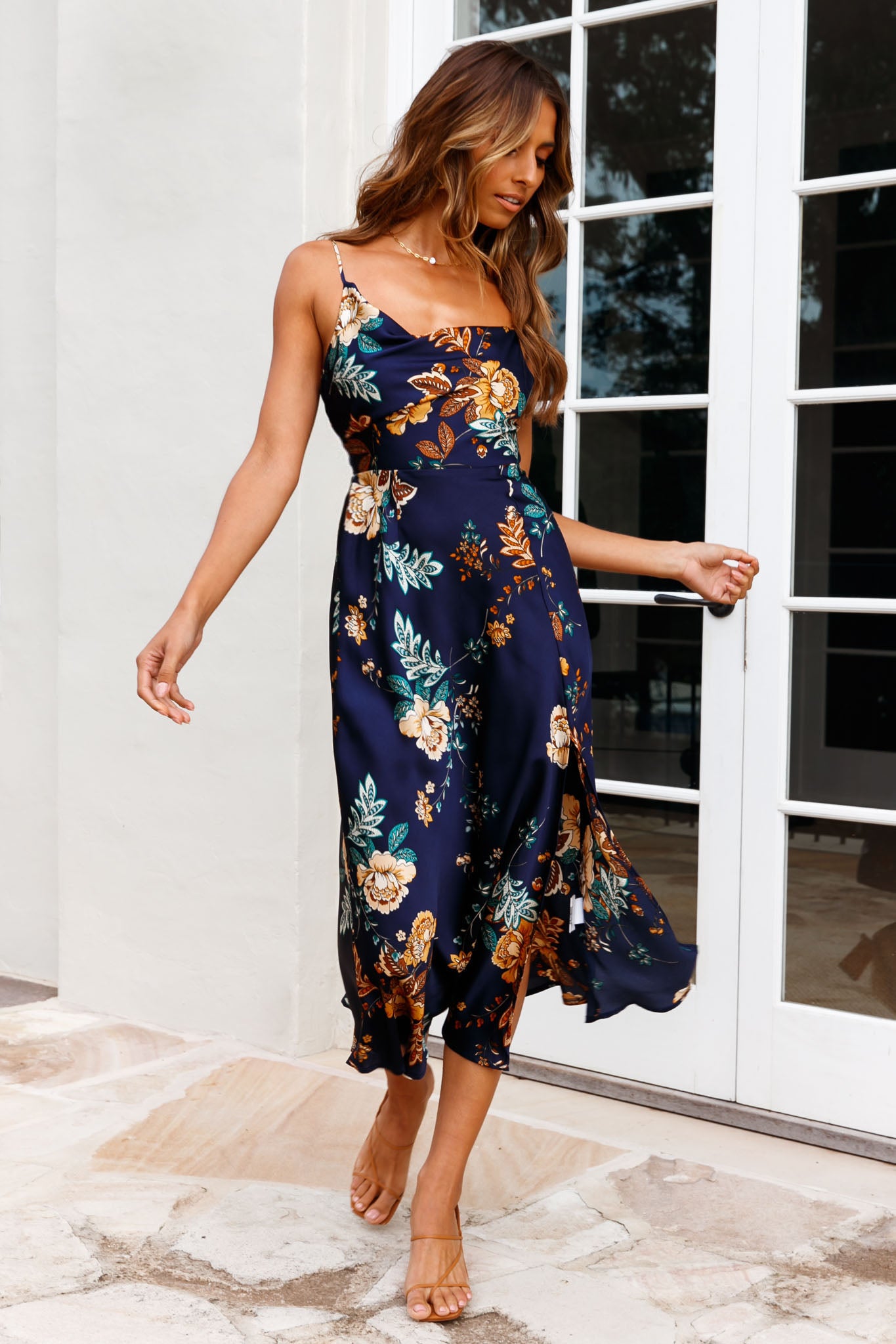 Suki Front Split Midi Dress Oriental Floral Print Navy by Selfie Leslie