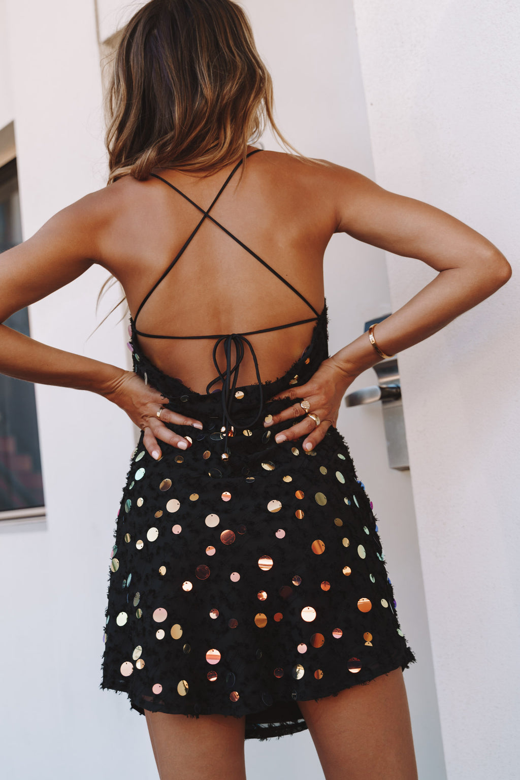 Candid Moment Strappy Cowl Back Sequin Mini Dress Black by Selfie Leslie
