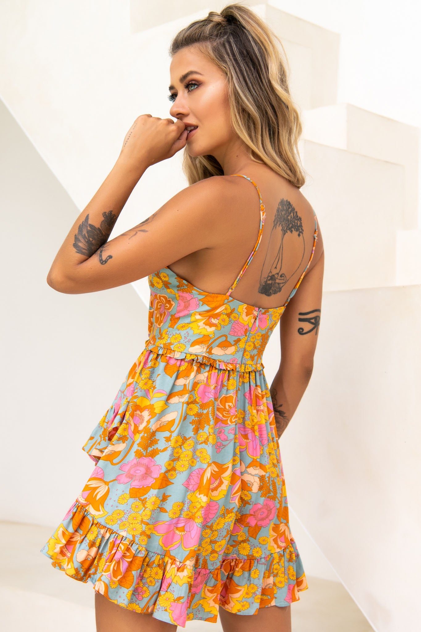 Geordie Ruched Bust Frill Trim Dress Floral Print Aqua Multi by Selfie Leslie