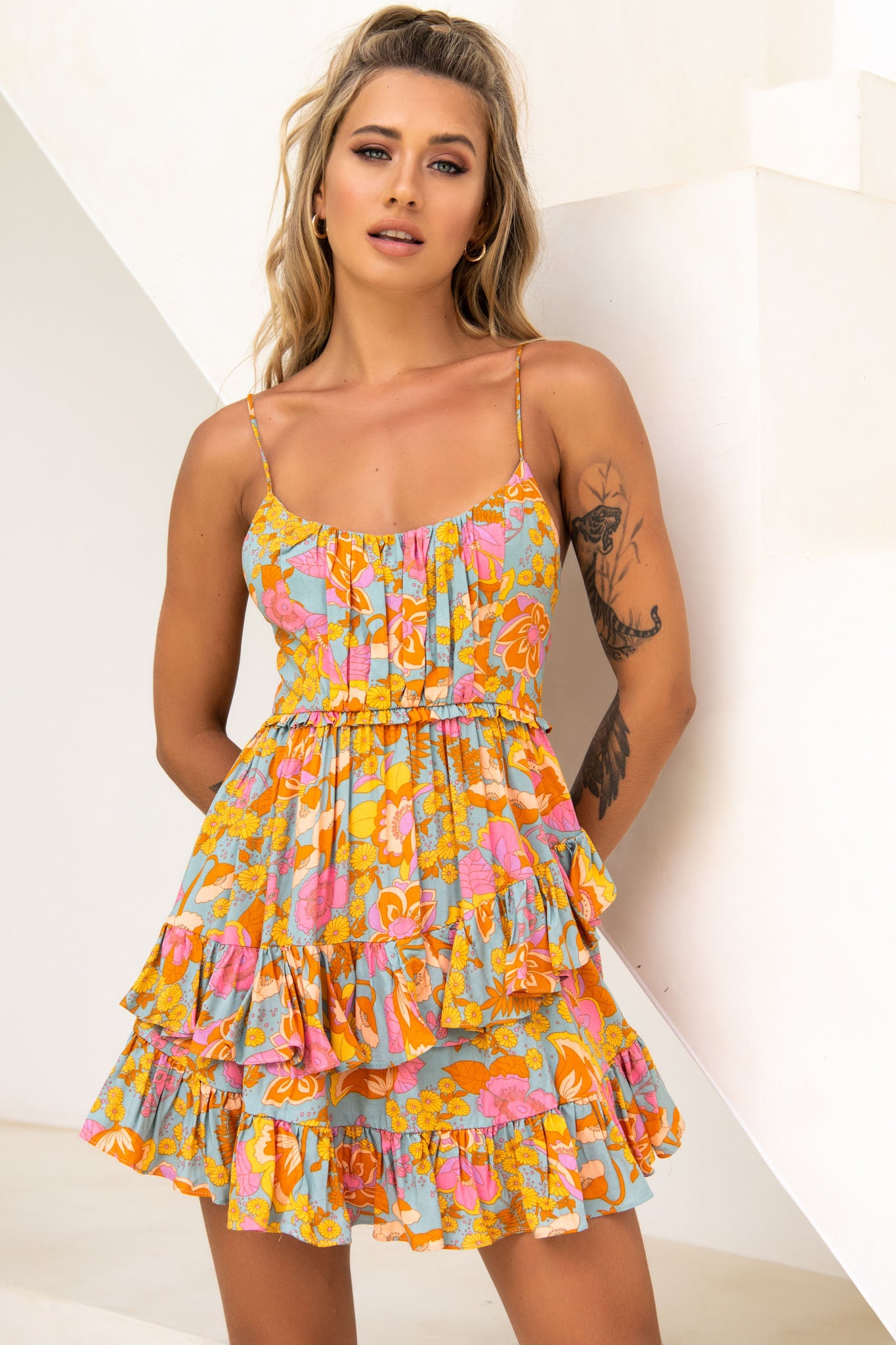 Geordie Ruched Bust Frill Trim Dress Floral Print Aqua Multi by Selfie Leslie