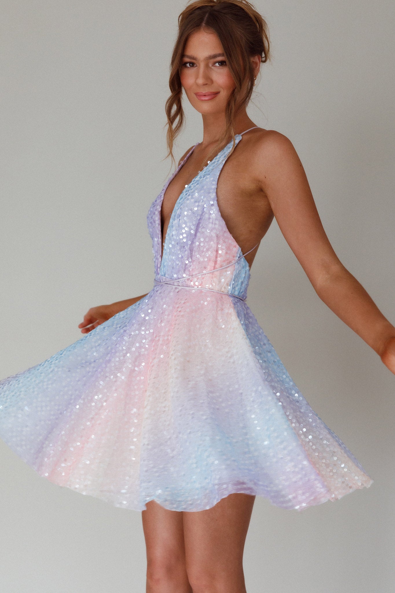 Floating By Plunging Neckline Mini Dress Sequin Rainbow by Selfie Leslie