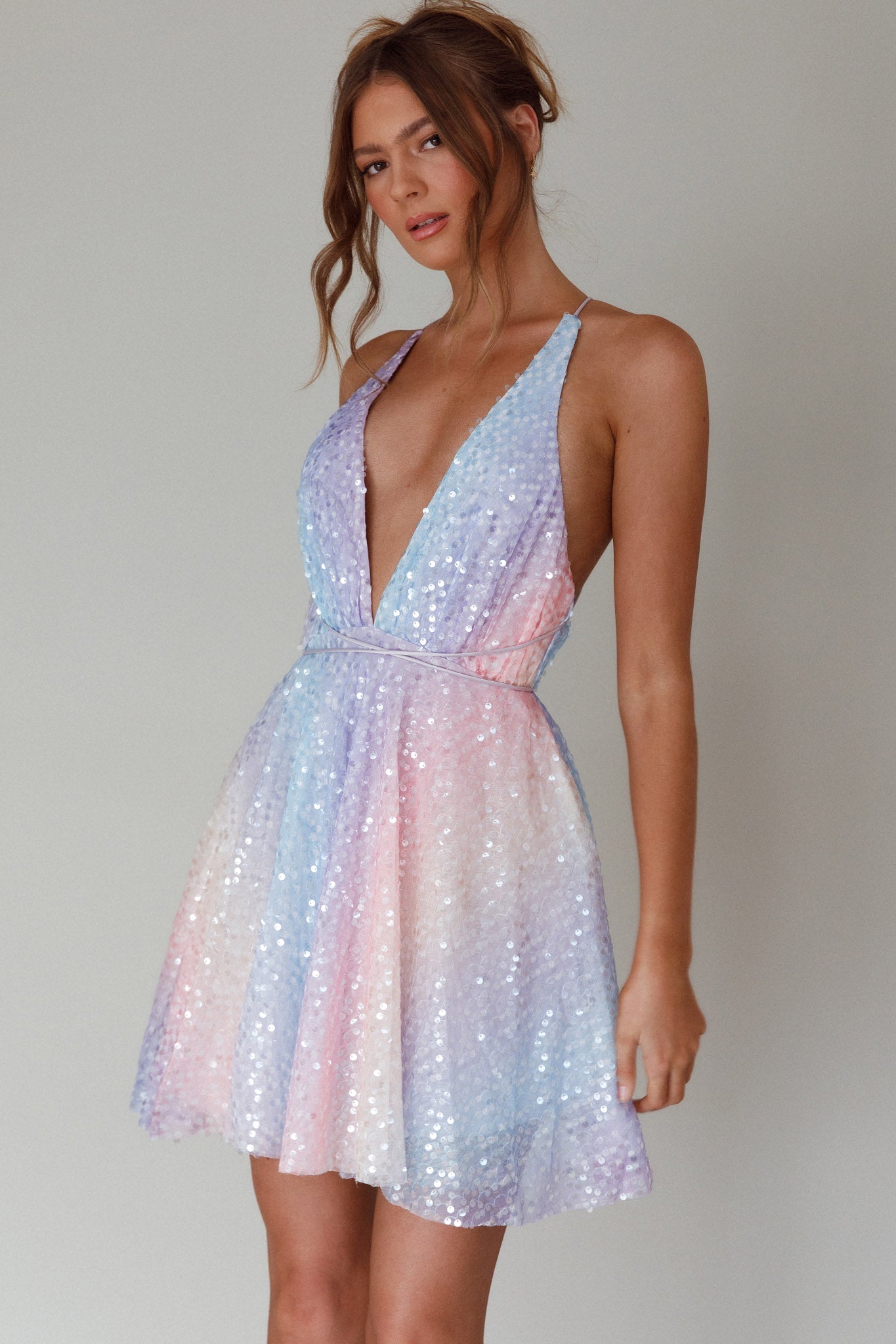 Floating By Plunging Neckline Mini Dress Sequin Rainbow by Selfie Leslie