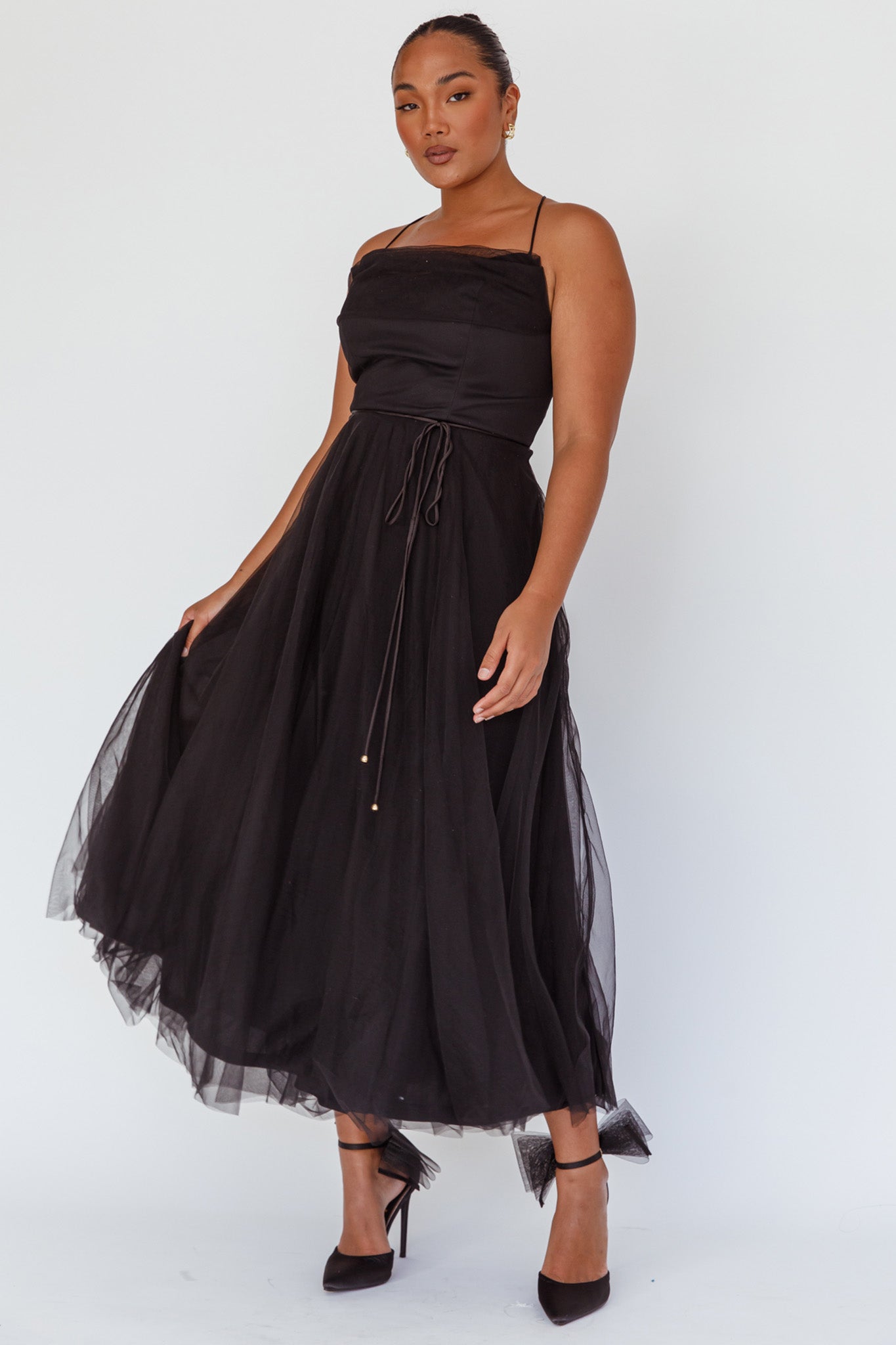 Floating By Pleated Neckline Mesh Midi Dress Black by Selfie Leslie