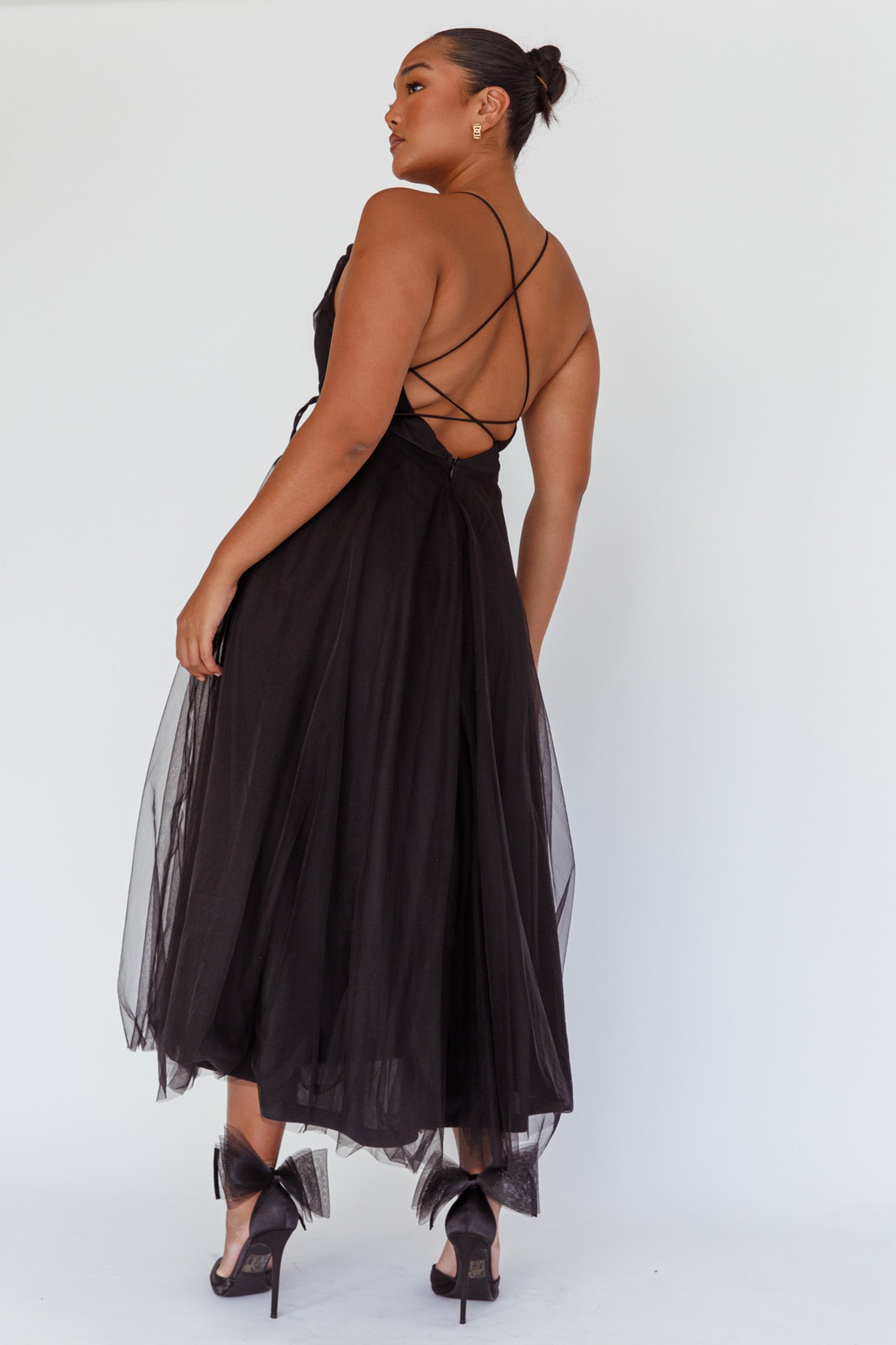 Floating By Pleated Neckline Mesh Midi Dress Black by Selfie Leslie