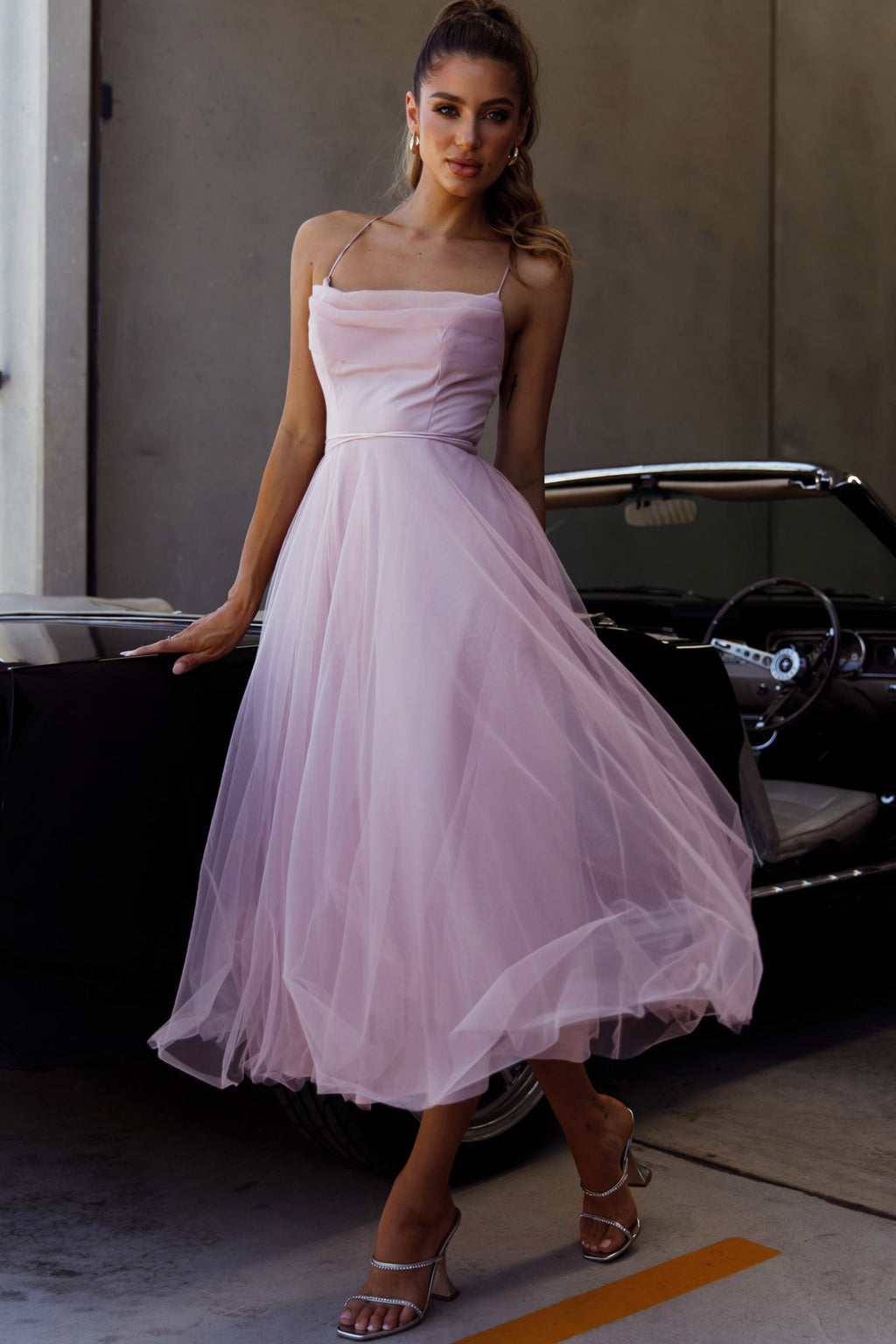 Floating By Pleated Neckline Mesh Midi Dress Blush by Selfie Leslie