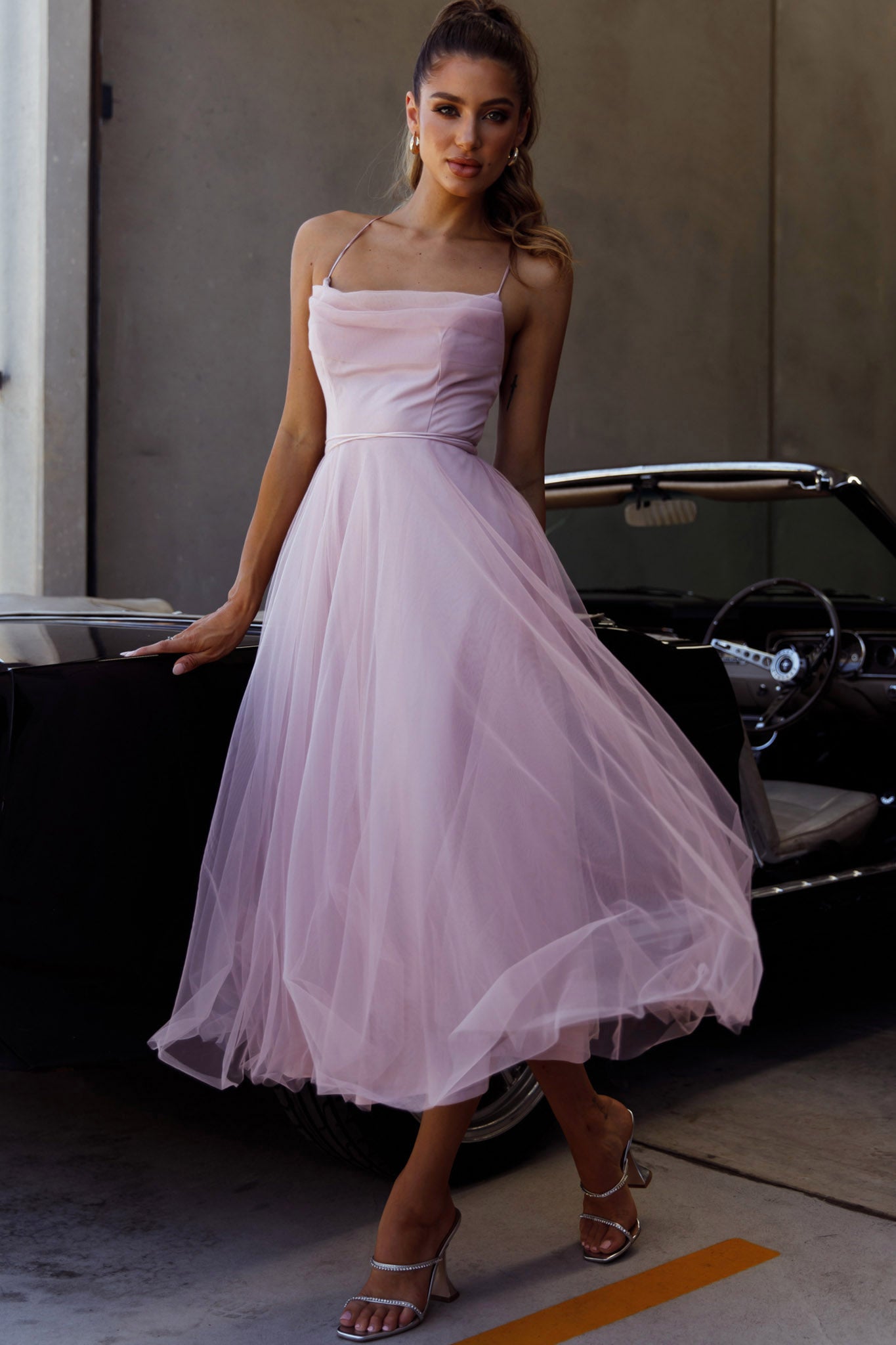 Floating By Pleated Neckline Mesh Midi Dress Blush by Selfie Leslie