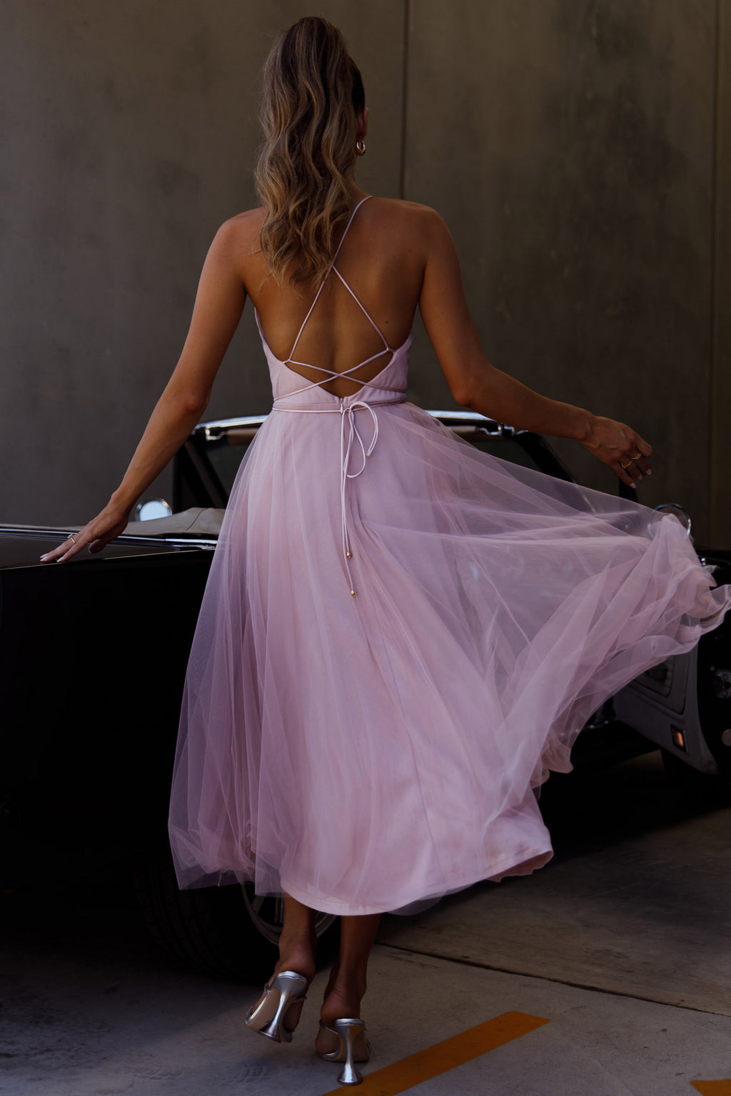 Floating By Pleated Neckline Mesh Midi Dress Blush by Selfie Leslie