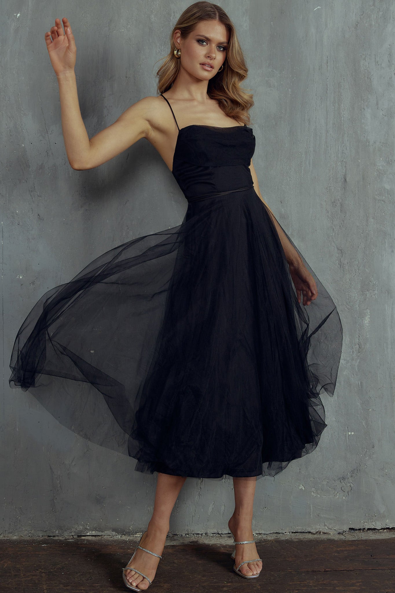 Floating By Pleated Neckline Mesh Midi Dress Black by Selfie Leslie
