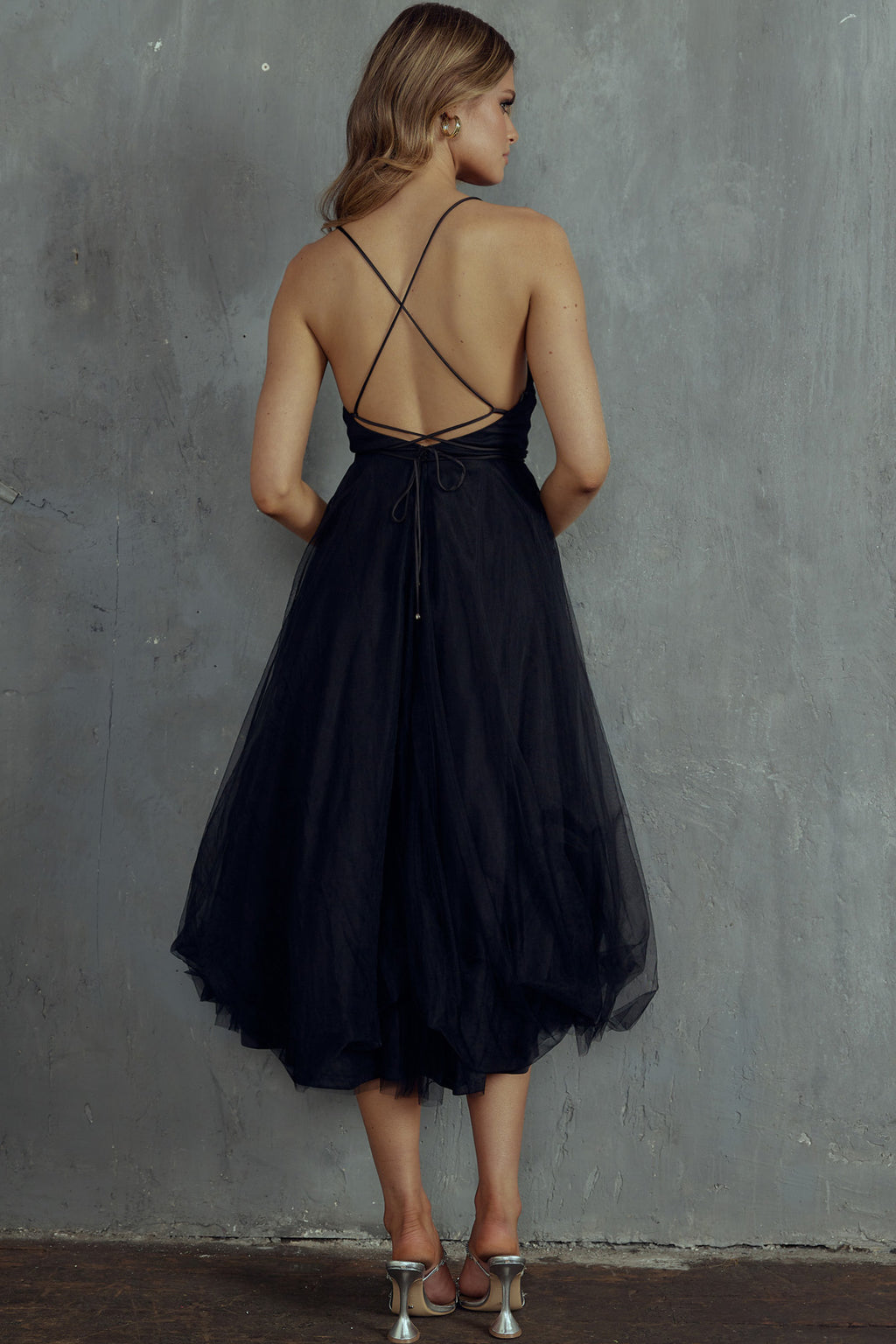 Floating By Pleated Neckline Mesh Midi Dress Black by Selfie Leslie