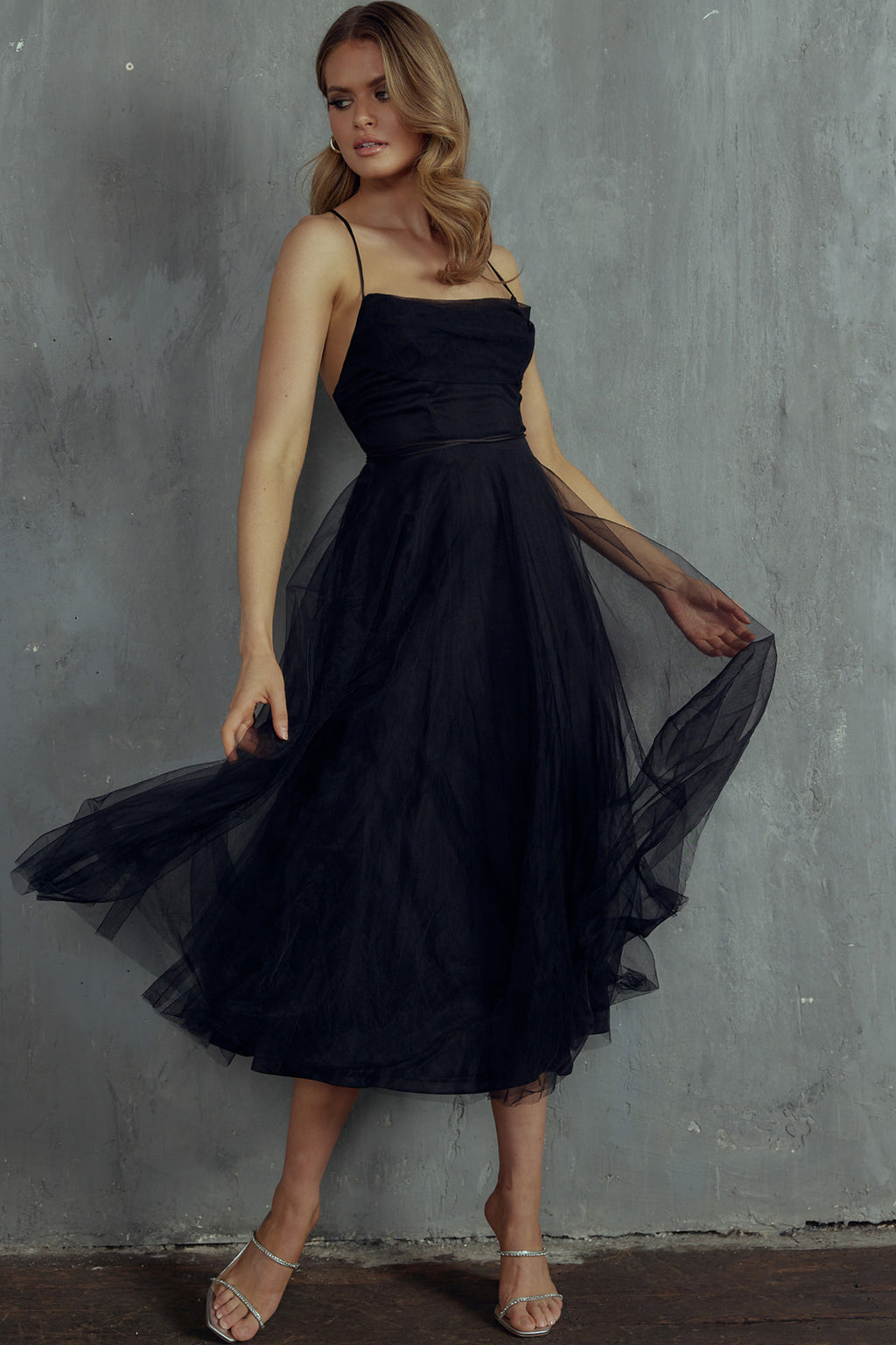 Floating By Pleated Neckline Mesh Midi Dress Black by Selfie Leslie