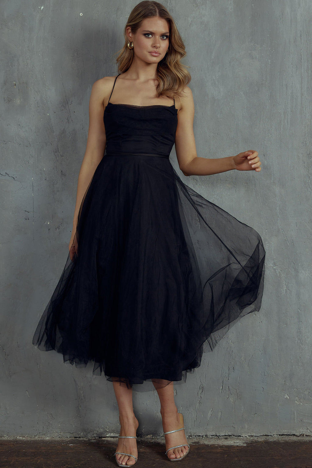 Floating By Pleated Neckline Mesh Midi Dress Black by Selfie Leslie