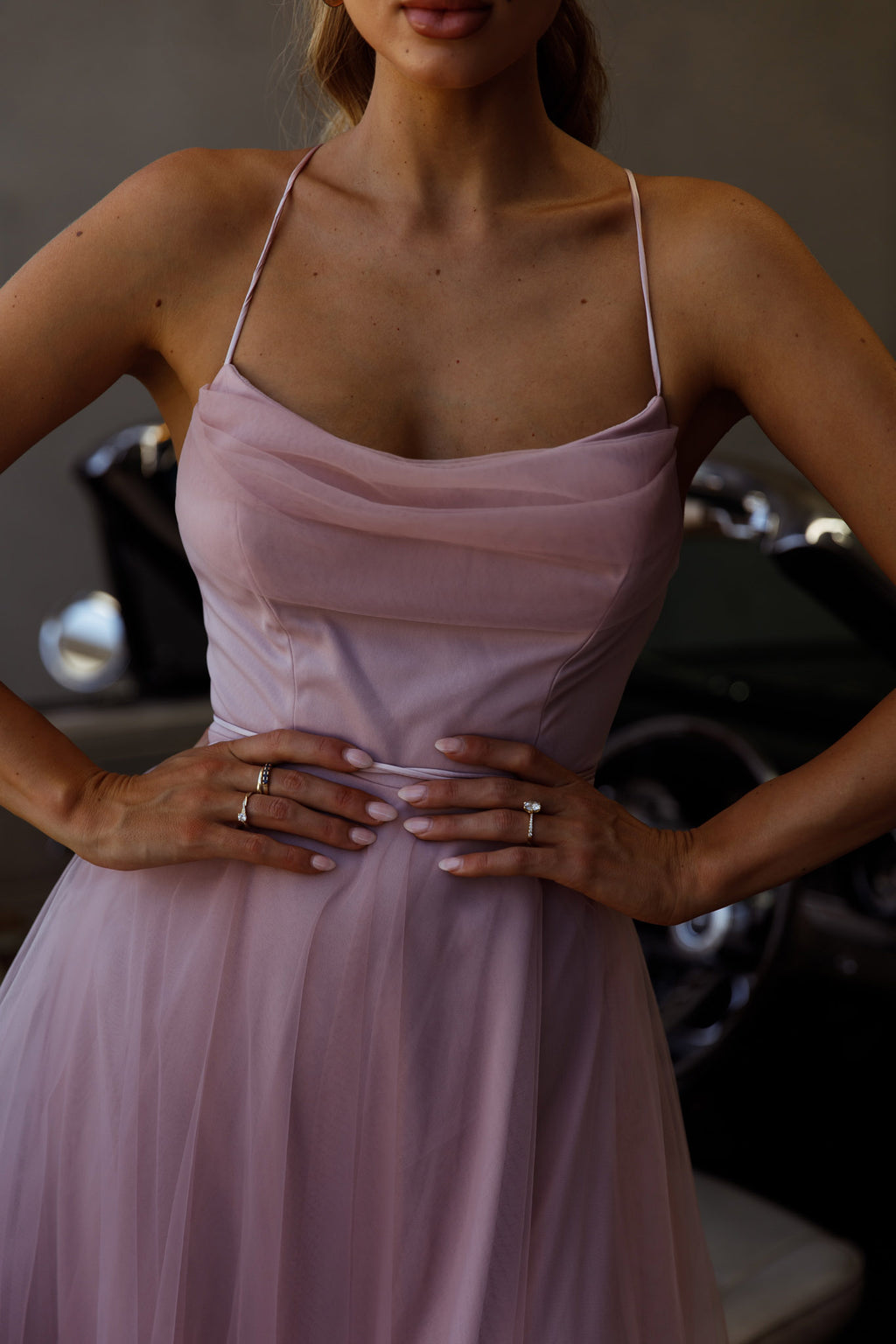 Floating By Pleated Neckline Mesh Midi Dress Blush by Selfie Leslie